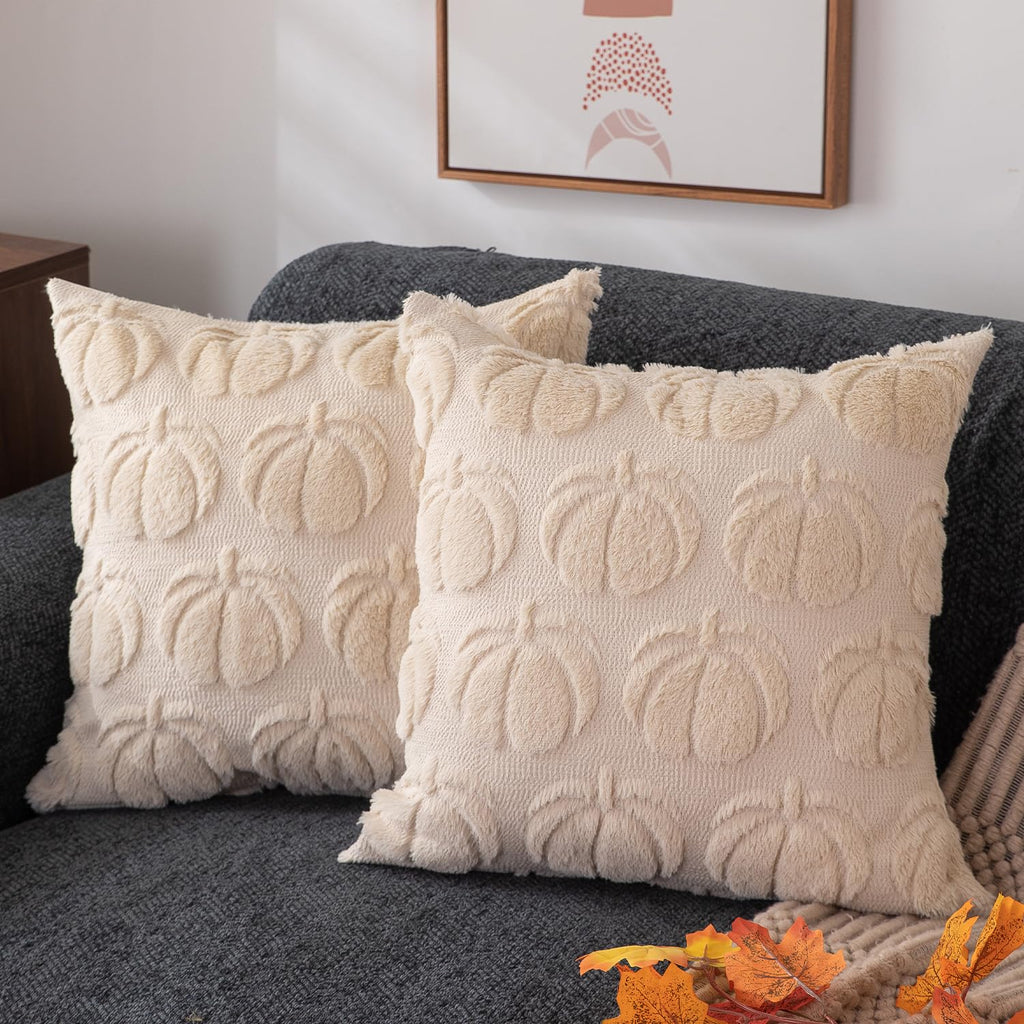 DFXSZ Fall Pillow Covers 16x16 Set of 2 Fall Decorations Autumn Beige Pumpkin Throw Pillow Cases Soft Plush Faux Fur Wool Couch Cushion Case for Chair Sofa Bedroom Living Room Home Decor PTK02B16