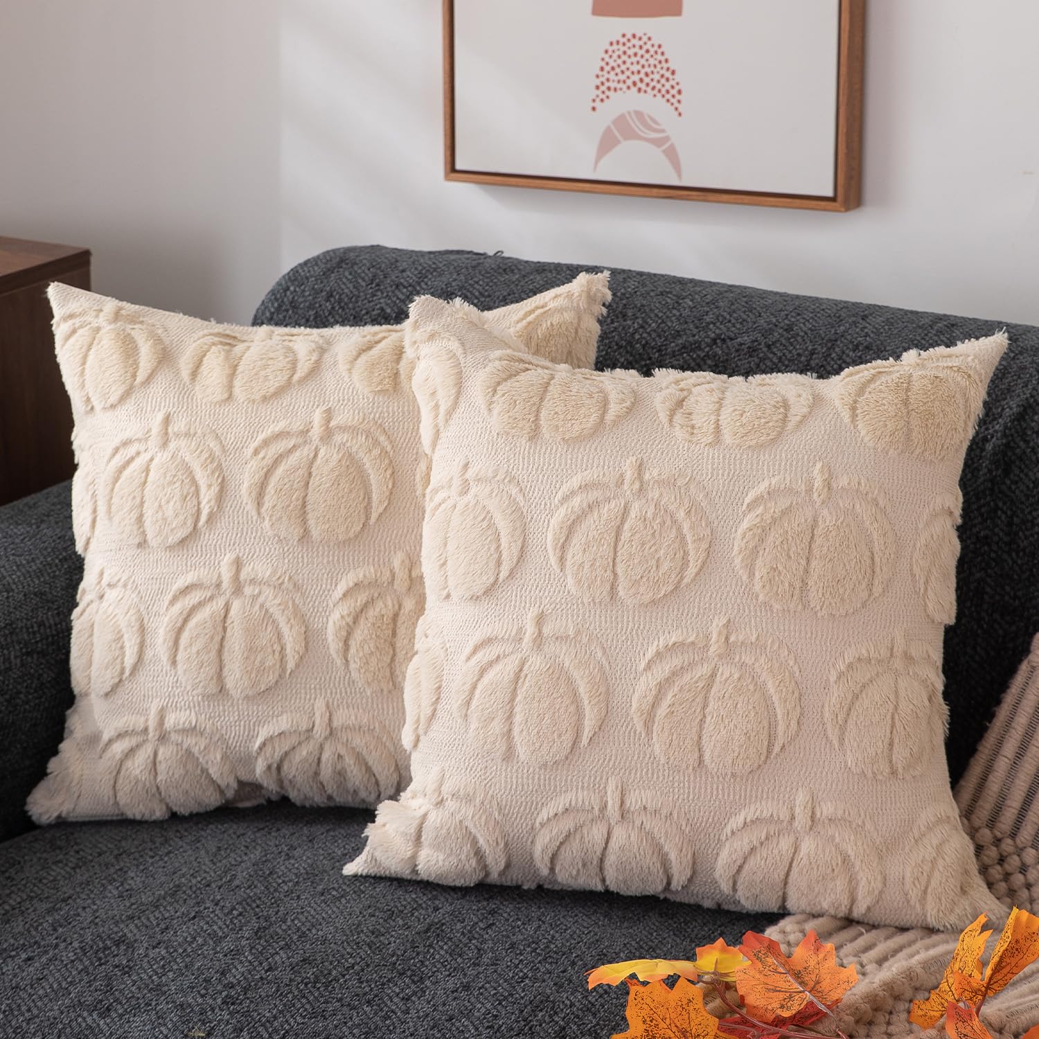 DFXSZ Fall Pillow Covers 16x16 Set of 2 Fall Decorations Autumn Beige Pumpkin Throw Pillow Cases Soft Plush Faux Fur Wool Couch Cushion Case for Chair Sofa Bedroom Living Room Home Decor PTK02B16