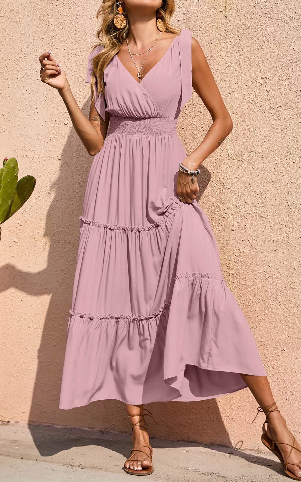 PRETTYGARDEN Women's Cross Neck Summer Sleeveless Tiered Maxi Dress Beach Tie Strap Smocked Long Dresses Pleated Sundress