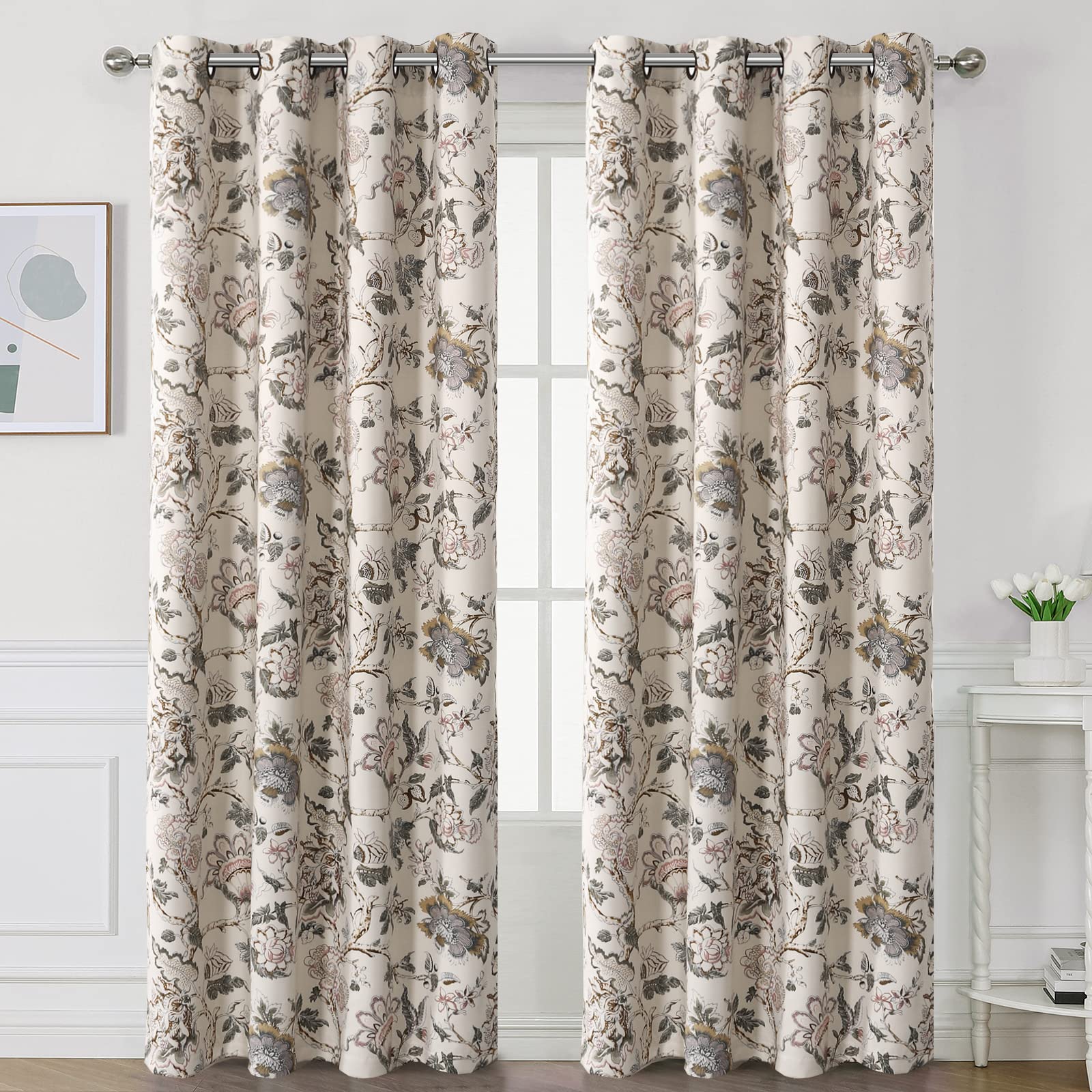 H.VERSAILTEX Blackout Curtains 63 Inch Length 2 Panels Set Floral Print Curtain Drapes for Living Room Thermal Insulated Grommet Window Curtains for Bedroom - Traditional Floral in Antique Green