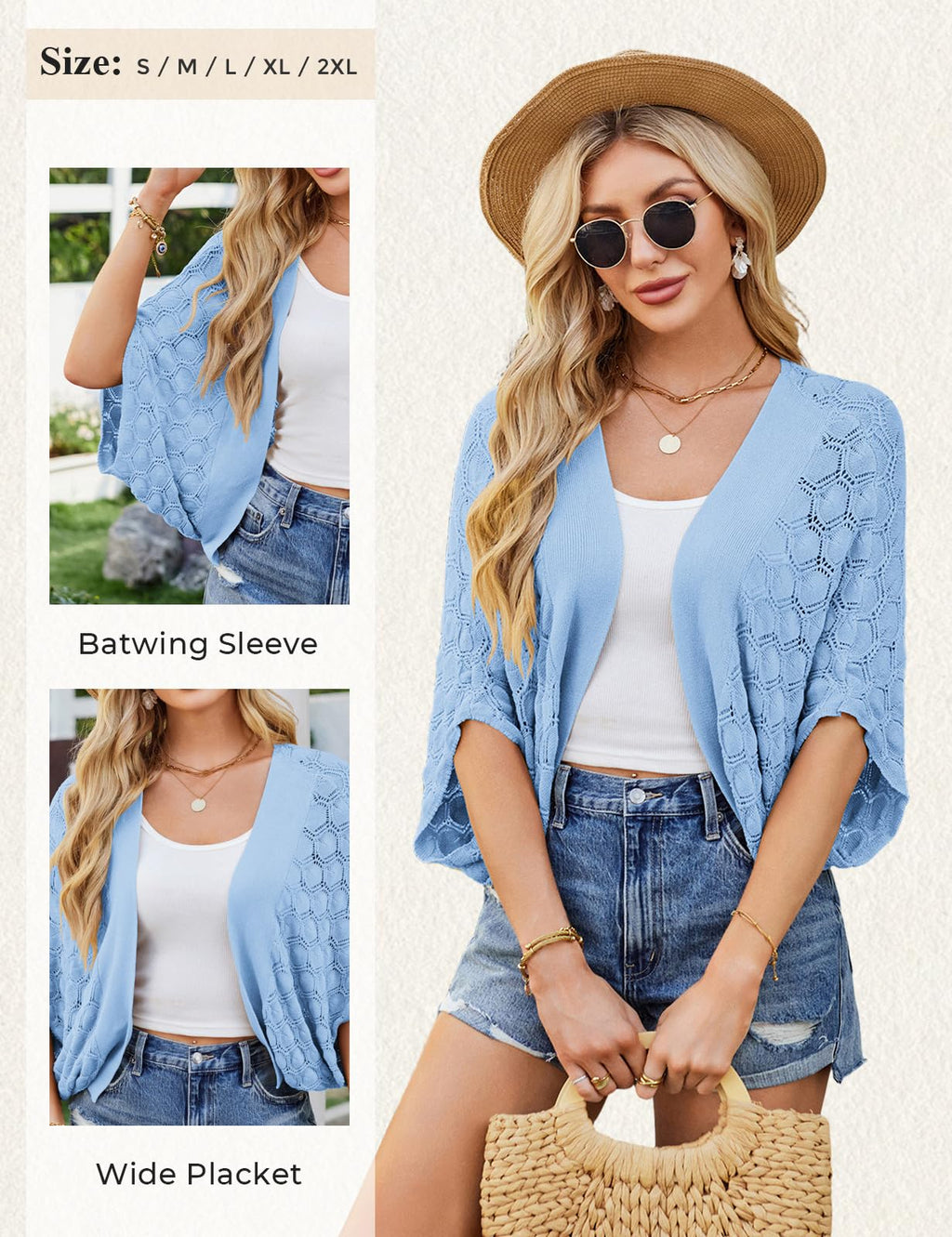 GRACE KARIN Summer Cropped Cardigan for Women 2026 Batwing Sleeve Crochet Bolero Shrug Sweaters Lightweight Beach Boho Kimono