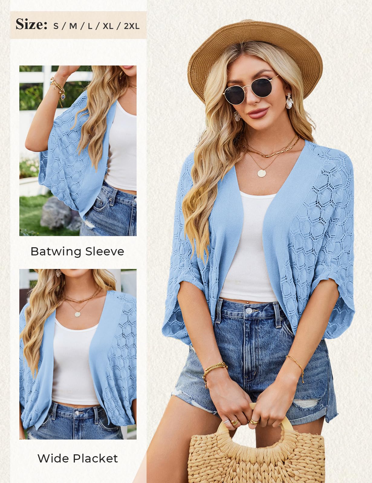 GRACE KARIN Summer Cropped Cardigan for Women 2026 Batwing Sleeve Crochet Bolero Shrug Sweaters Lightweight Beach Boho Kimono