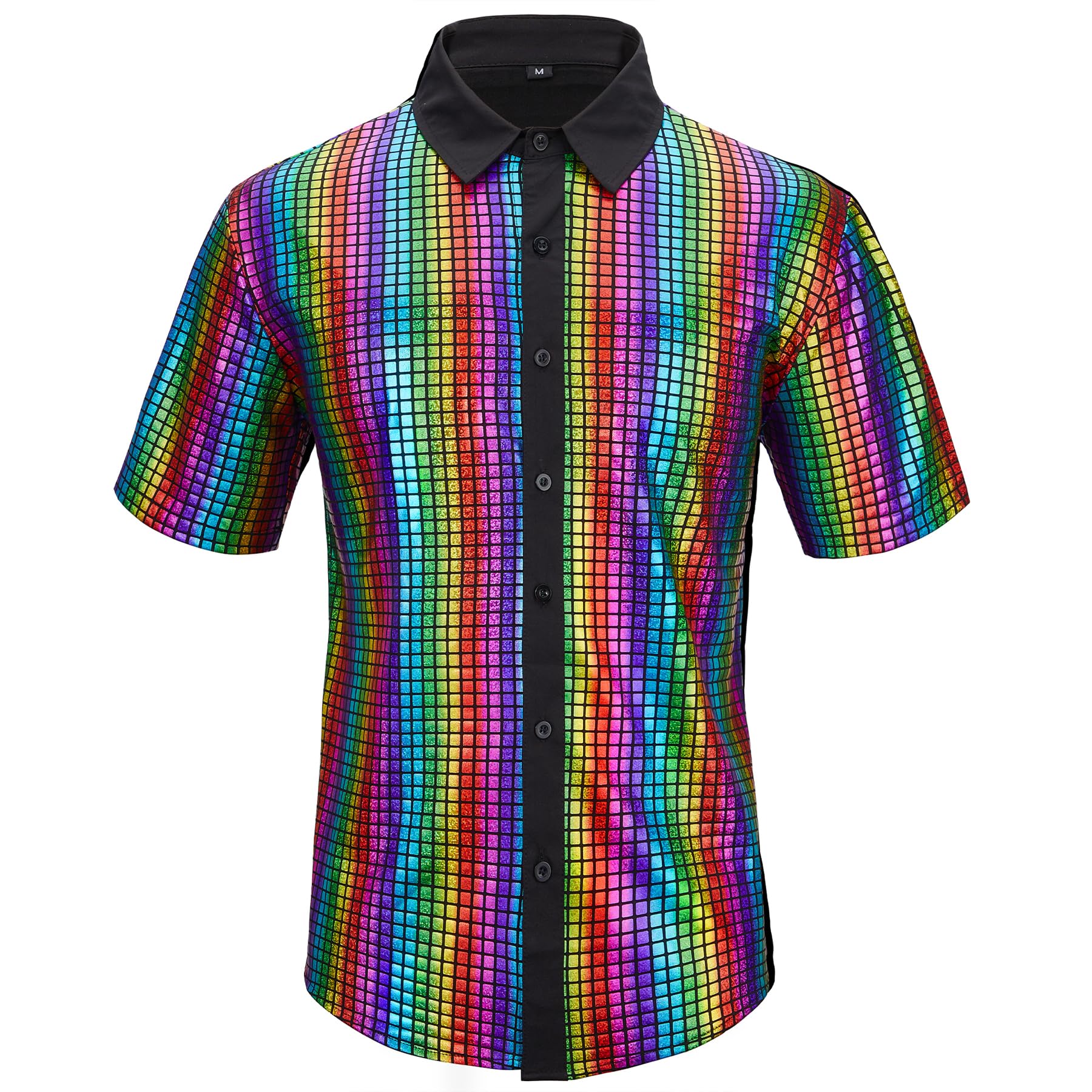 Zando Men's Sequin 70s 80s Disco Shirt - Retro Short Sleeve Button Up Costume Halloween New Year Party Outfit Top & Clubwear