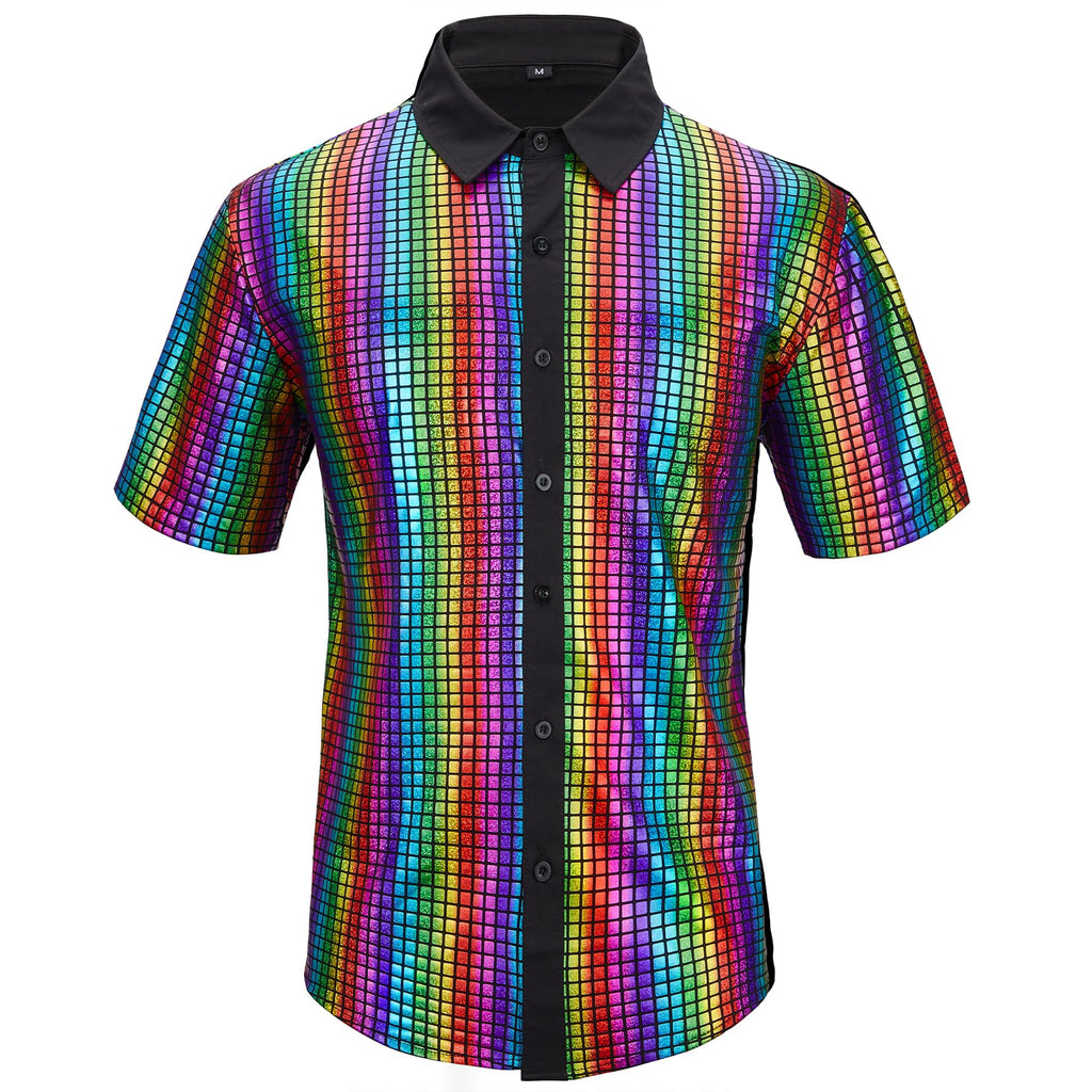 Zando Men's Sequin 70s 80s Disco Shirt - Retro Short Sleeve Button Up Costume Halloween New Year Party Outfit Top & Clubwear