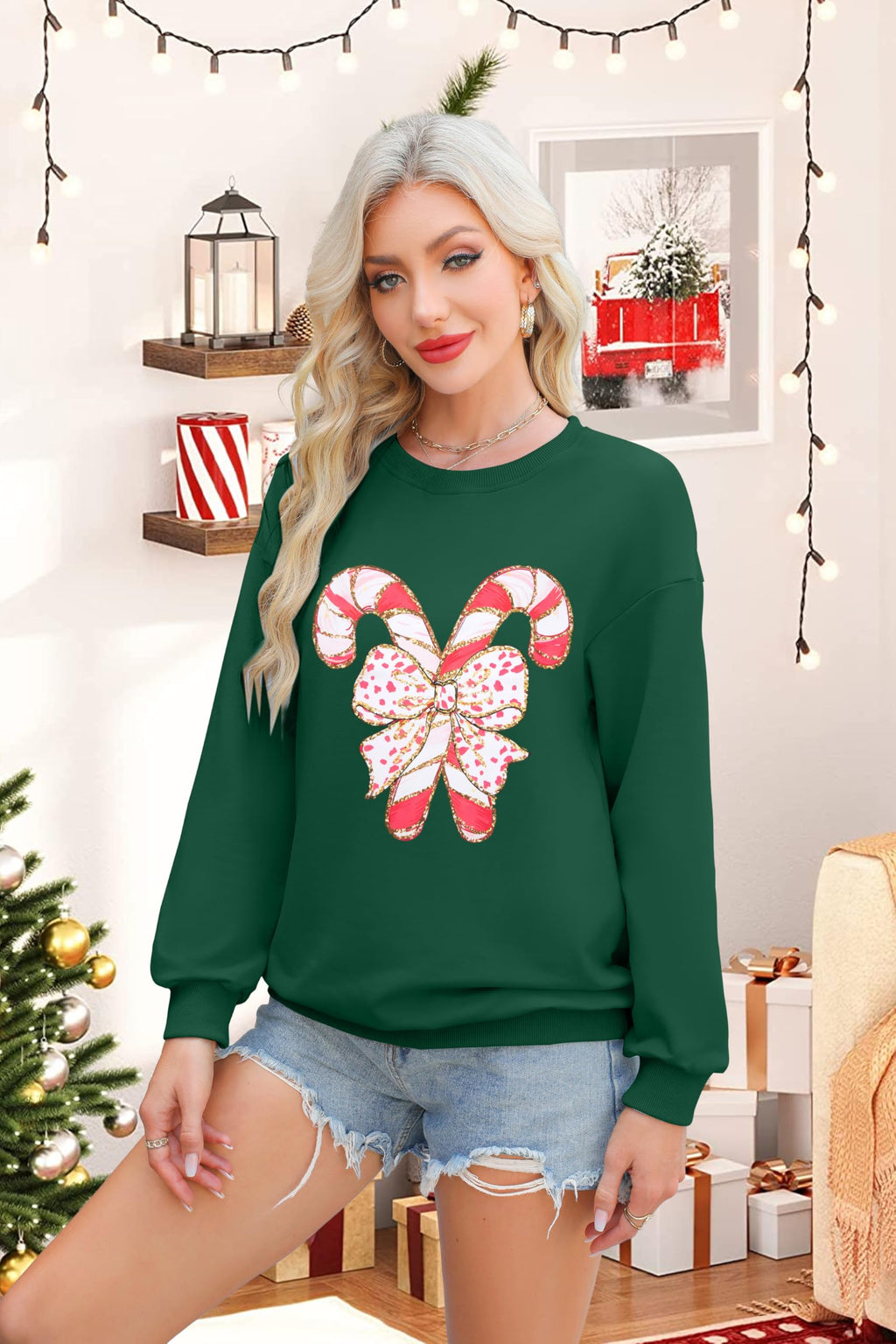 Christmas Sweatshirts Women Candy Canes Graphic Sweatshirt Vintage Xmas Long Sleeve Shirt Pullover Tops
