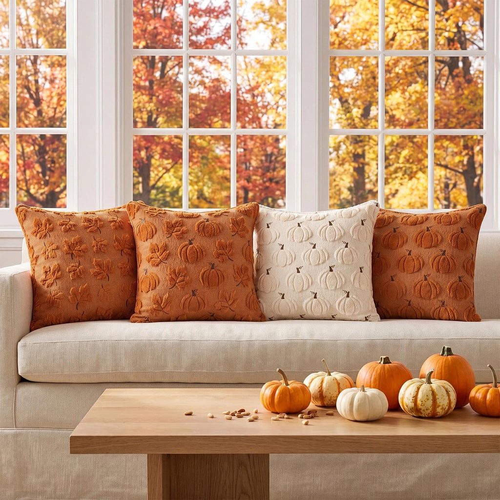 Fall Beige Pillow Covers 18x18 Set of 2 Double-Sided Pumpkin Plush | Boho farmhouse comfort with raised Autumn pumpkin embroidery, designed for living rooms, sofas, and cozy fall home decor.