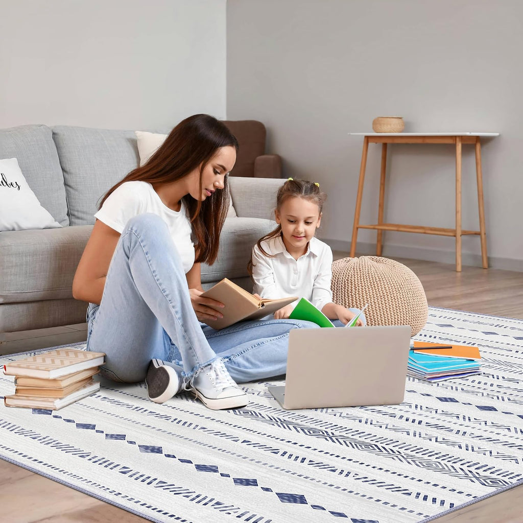 Washable Rug 6x9 Area Rugs: 6x9 Rug Moroccan Soft Geometric Machine Washable Rug Non-Slip, Low Pile Indoor Floor Neutral Carpet Large Rugs for Living Room, Bedroom, Under Dining Table- Blue/Grey