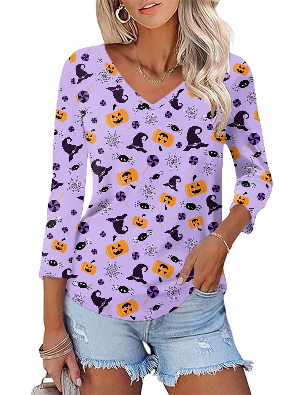 KTILG Women's V Neck T Shirts 3/4 Sleeve Blouse Summer Tops Dressy Casual Solid Basic Tees