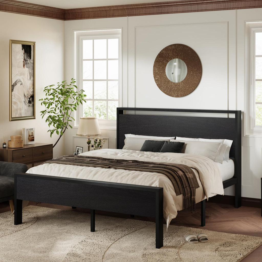 Allewie Twin Size Platform Bed Frame with Wooden Headboard and Footboard, Heavy Duty Metal Slats Support, No Box Spring Needed, Under-Bed Storage, Noise Free, Easy Assembly, Black Oak