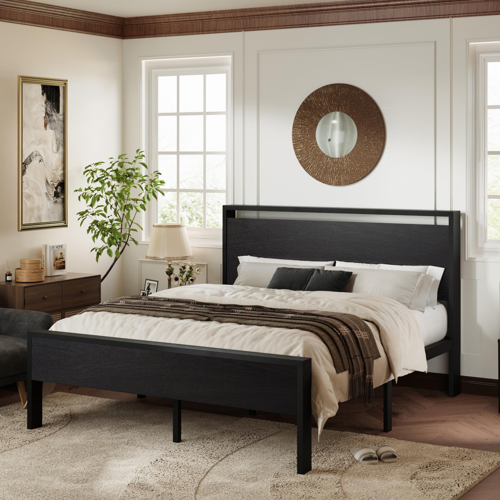 Allewie Twin Size Platform Bed Frame with Wooden Headboard and Footboard, Heavy Duty Metal Slats Support, No Box Spring Needed, Under-Bed Storage, Noise Free, Easy Assembly, Black Oak