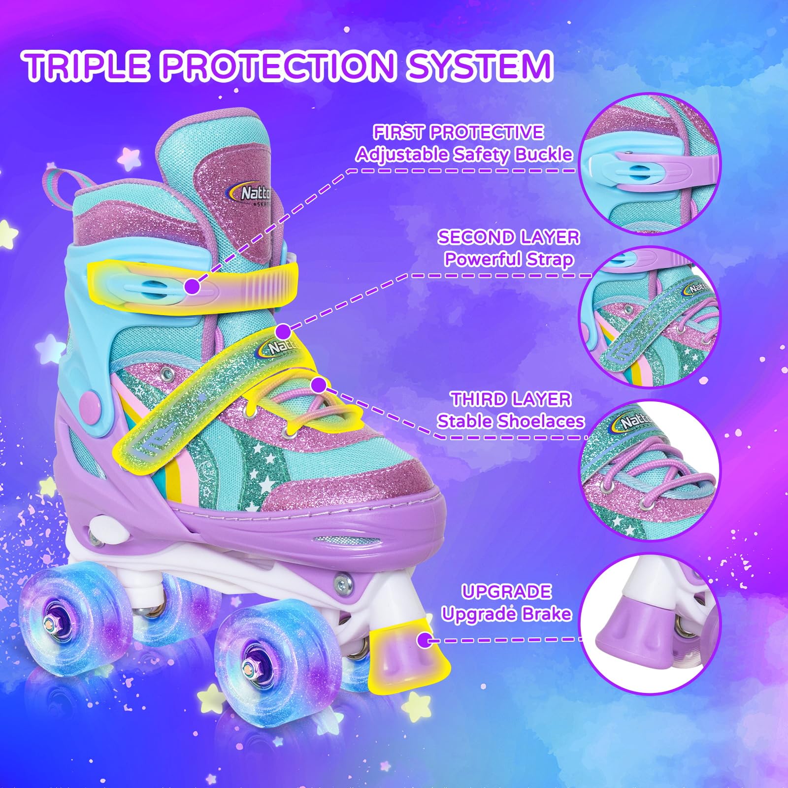 Nattork Girls Roller Skates for Kids, 4 Size Adjustable Rainbow Quad Skates with All Light Up Wheels - Best Birthday Gift for Outdoor Sports