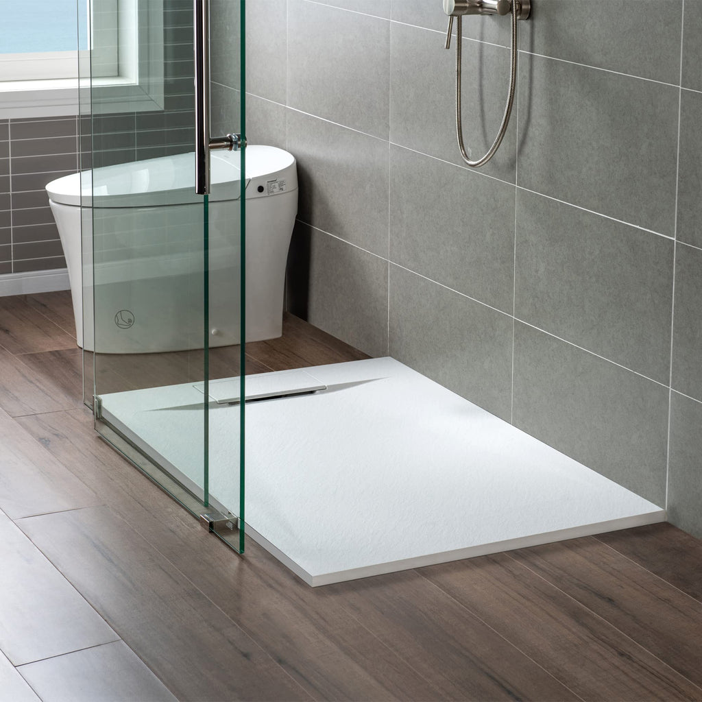 WOODBRIDGE 47.25 in L x 31.5 in W Zero Threshold Shower Base with Center Drain, Decorative Drain Plate, Tile Flange, Wheelchair Access, Low Profile, Black