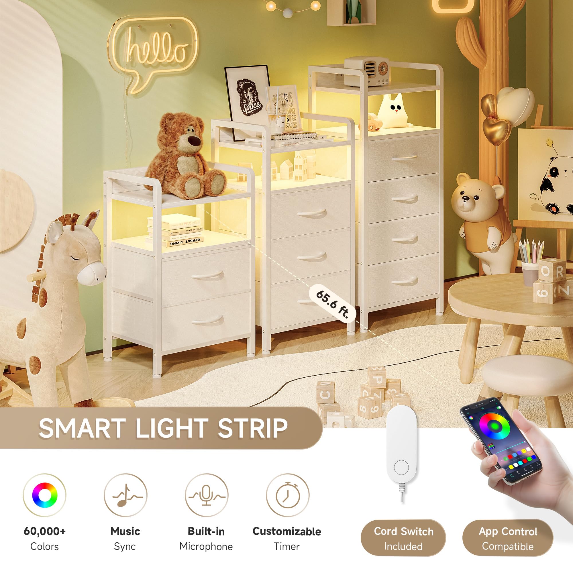 Lazzanto Night Stand Bedside Charger Bedroom - Nightstand with Charging Station & LED Light Strip, Night Stand with Storage Shelf & 2 Fabric Drawers, Morden End Table with U-S-B Ports & AC Outlets