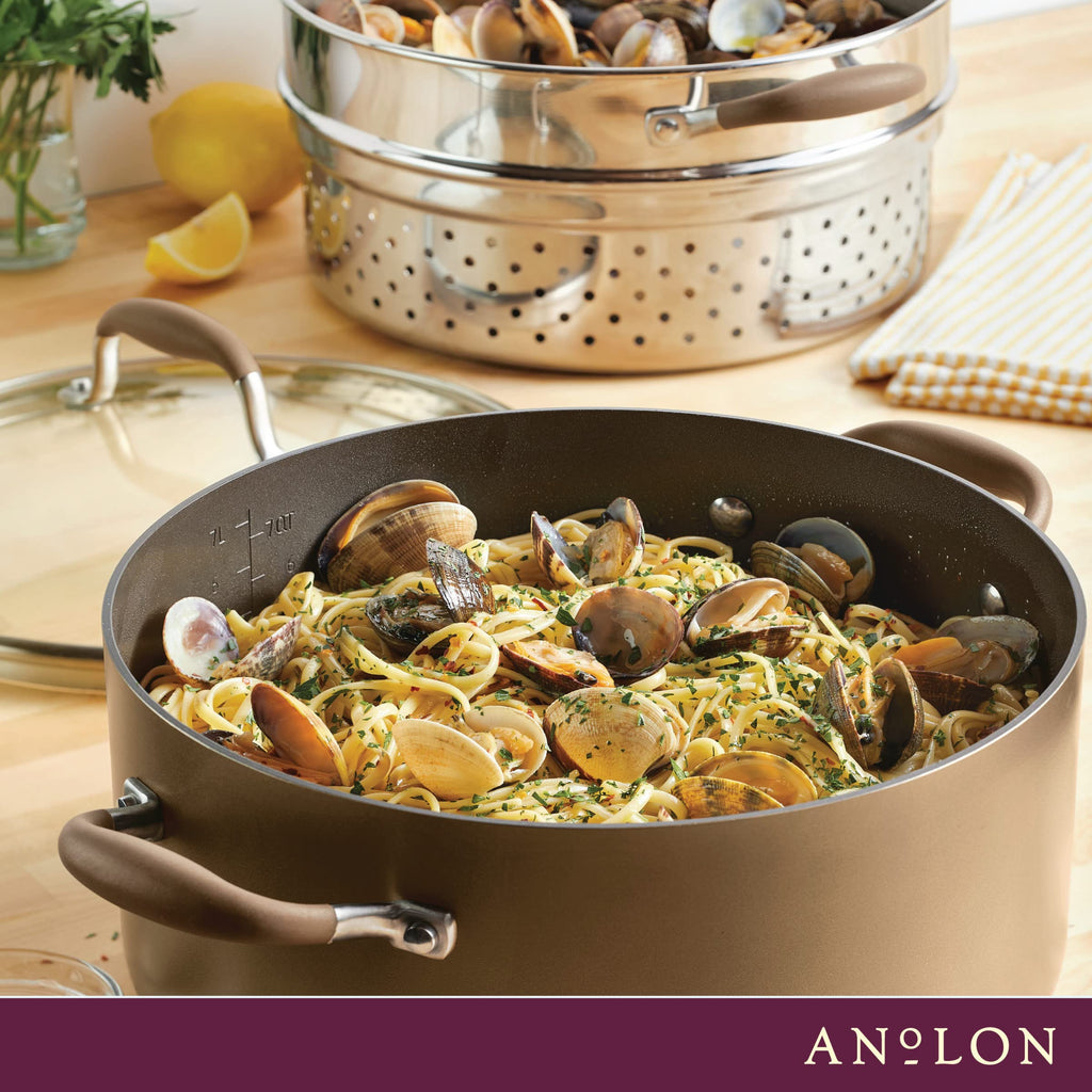 Anolon Advanced Home Hard Anodized Nonstick Sauce Pan/Saucepan with Straining and Lid, 2 Quart (2 Qt Straining Saucepan, Indigo)