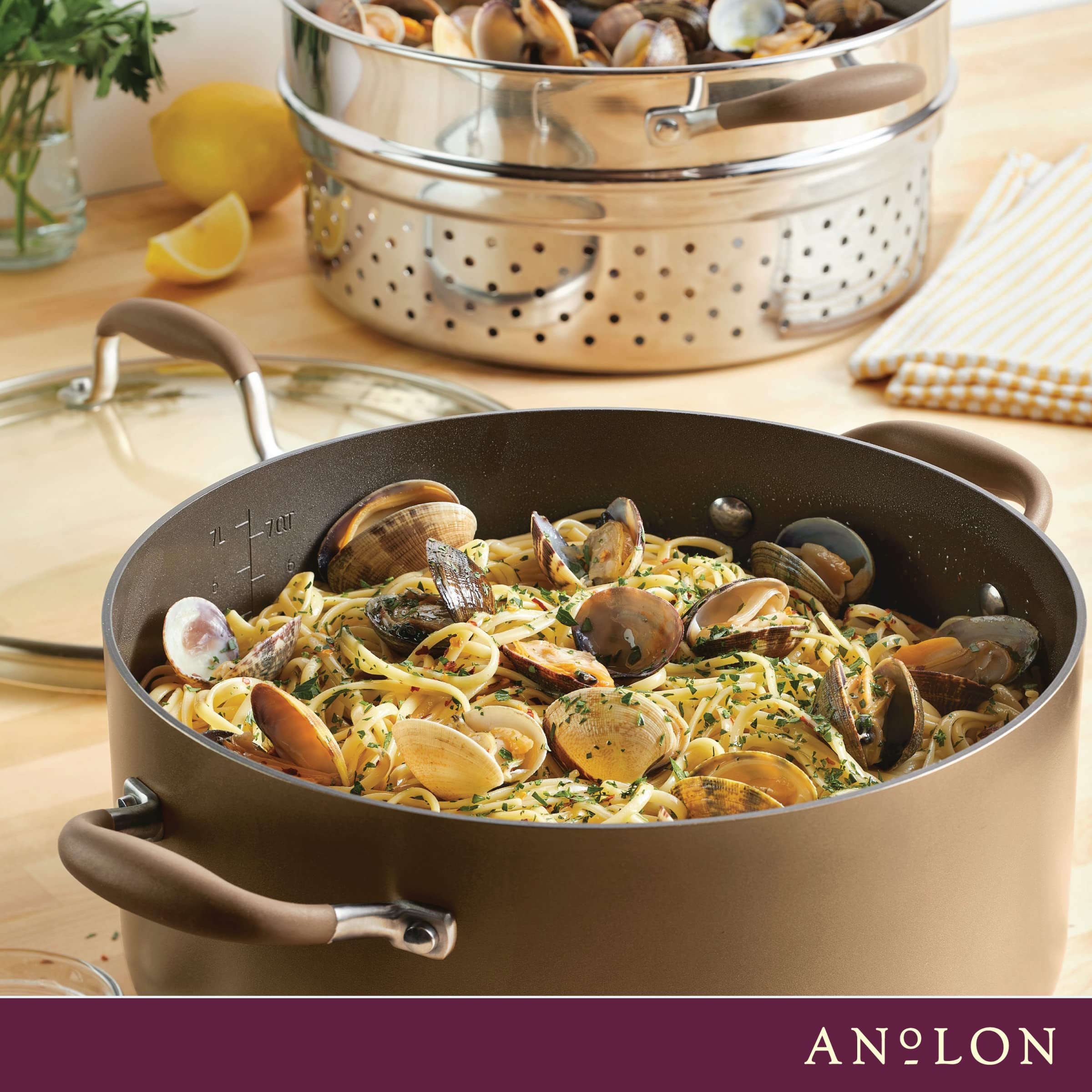 Anolon Advanced Home Hard Anodized Nonstick Sauce Pan/Saucepan with Straining and Lid, 2 Quart (2 Qt Straining Saucepan, Indigo)