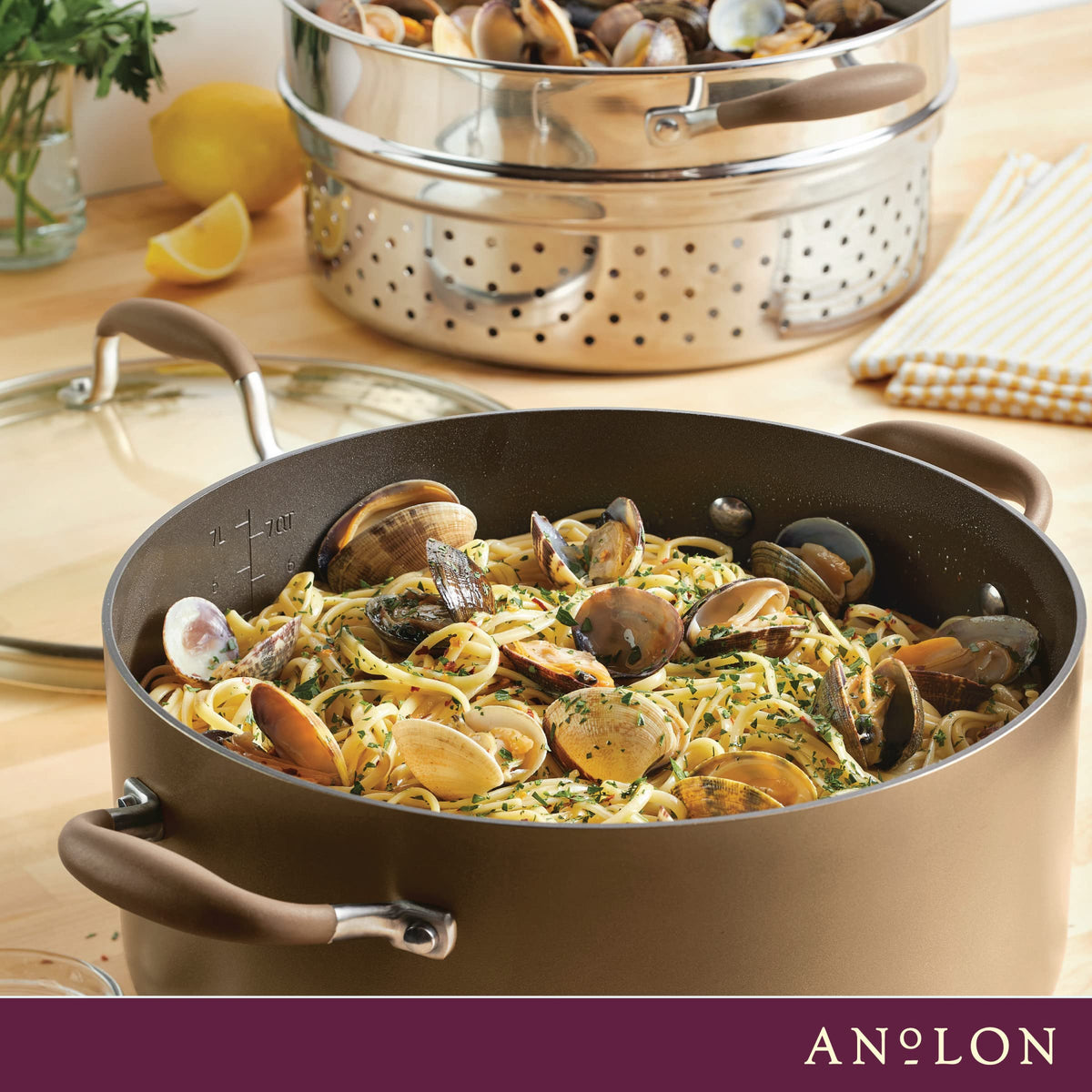 Anolon Advanced Home Hard Anodized Nonstick Sauce Pan/Saucepan with Straining and Lid, 2 Quart (2 Qt Straining Saucepan, Indigo)