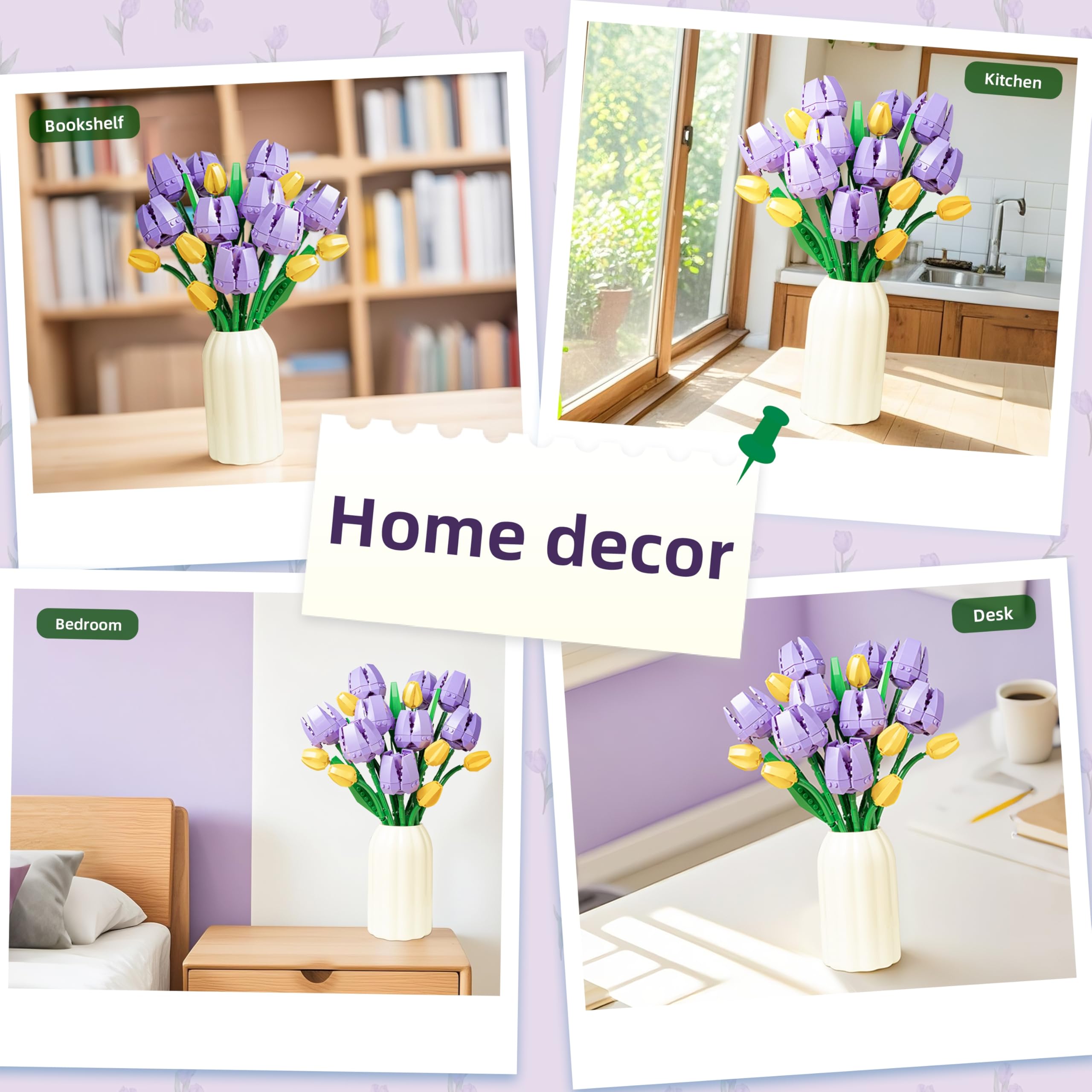 Sawaruita Purple Tulip Flower Bouquet Building Block Sets for Adult Women | Botanical Collection with Vase, Home Decor Gifts for Mothers Day,Valentines,Birthday