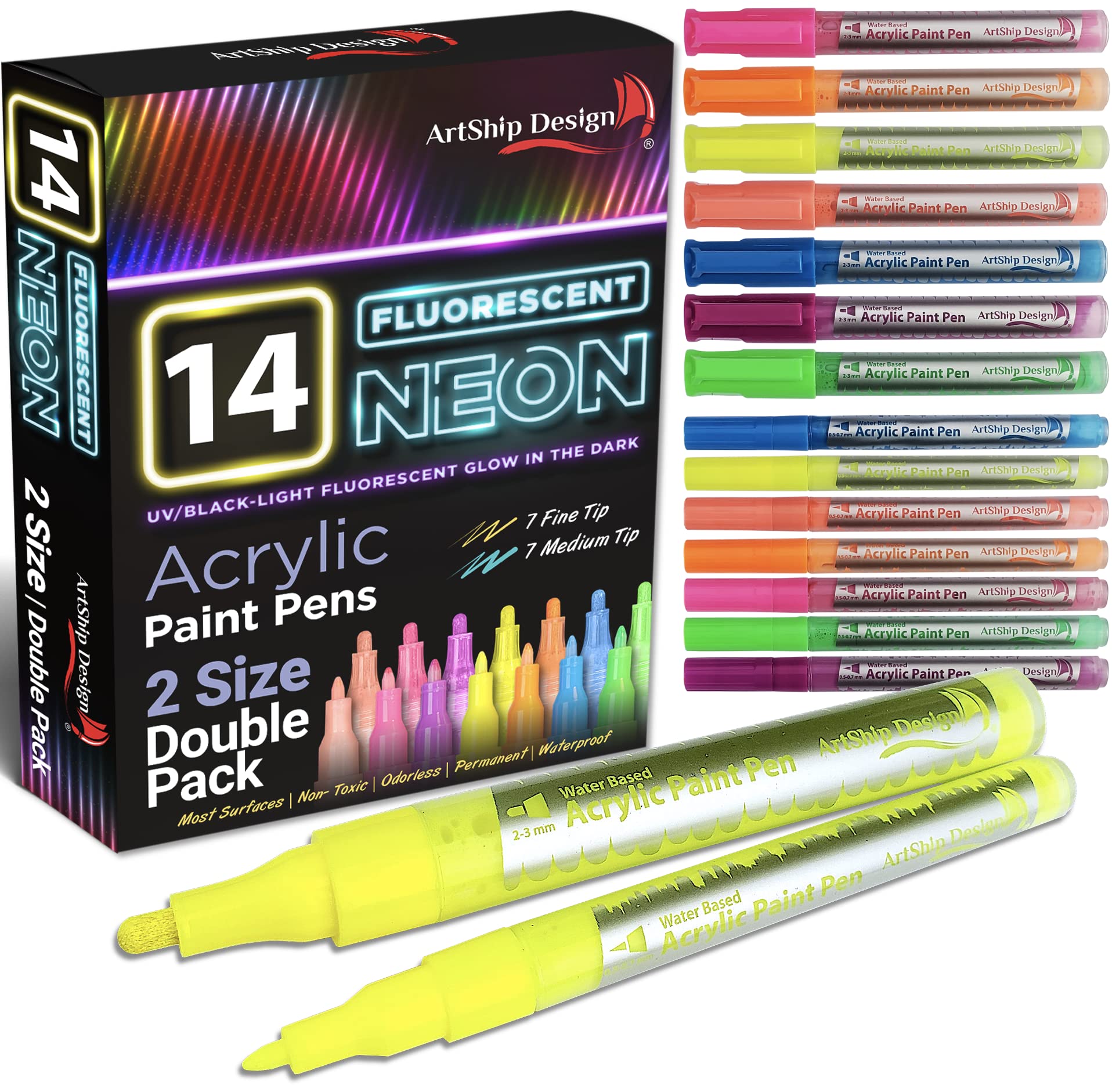 ArtShip Design 10 Black Acrylic Paint Pens, Double Pack of Both Extra Fine and Medium Tip Paint Markers, for Rock Painting, Mug, Ceramic, Glass, and Fabric Painting, Water Based Non-Toxic and No Odor