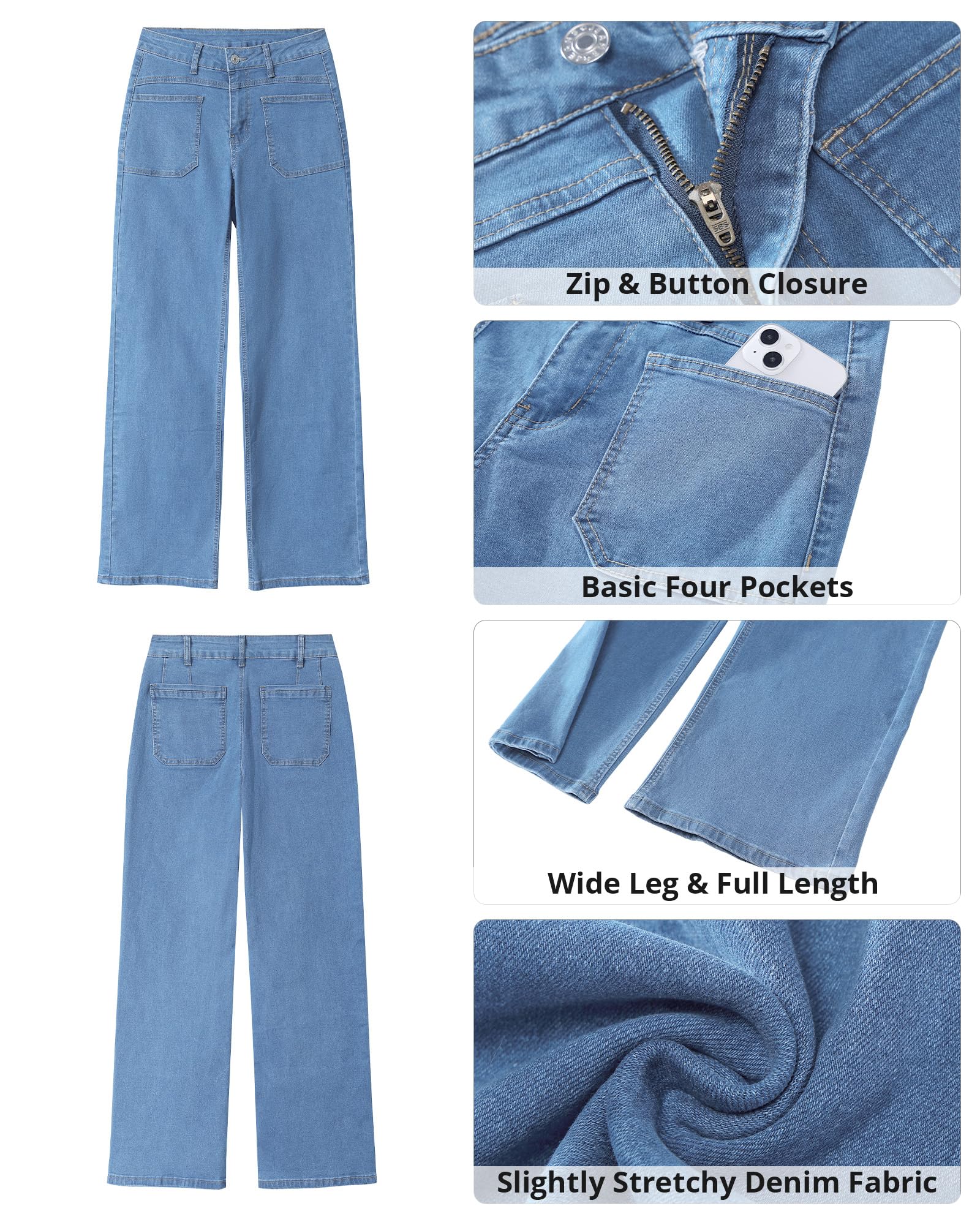 GRAPENT Wide Leg Jeans for Women Trendy High Waisted Loose Straight Leg Stretchy Retro Denim Pants with Pouch Pockets