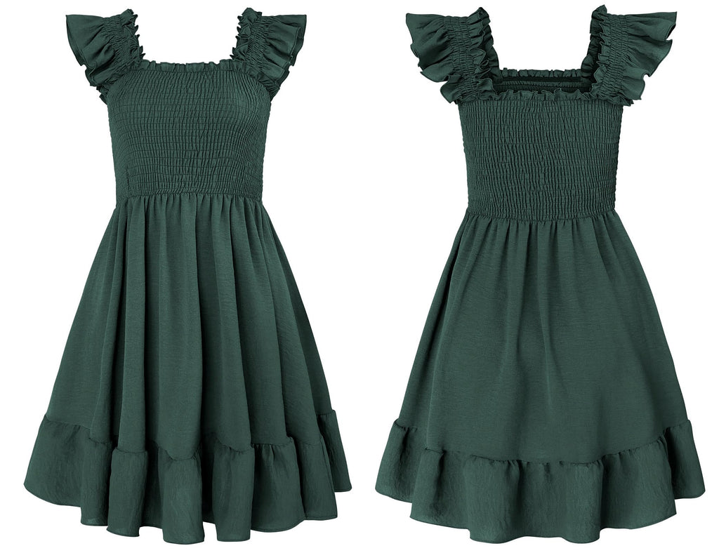 ROYLAMP Women's Smocked Dresses Square Neck Elegant Tiered Boho Ruffle Shoulder Swing Flowy Summer Casual Mini Dress