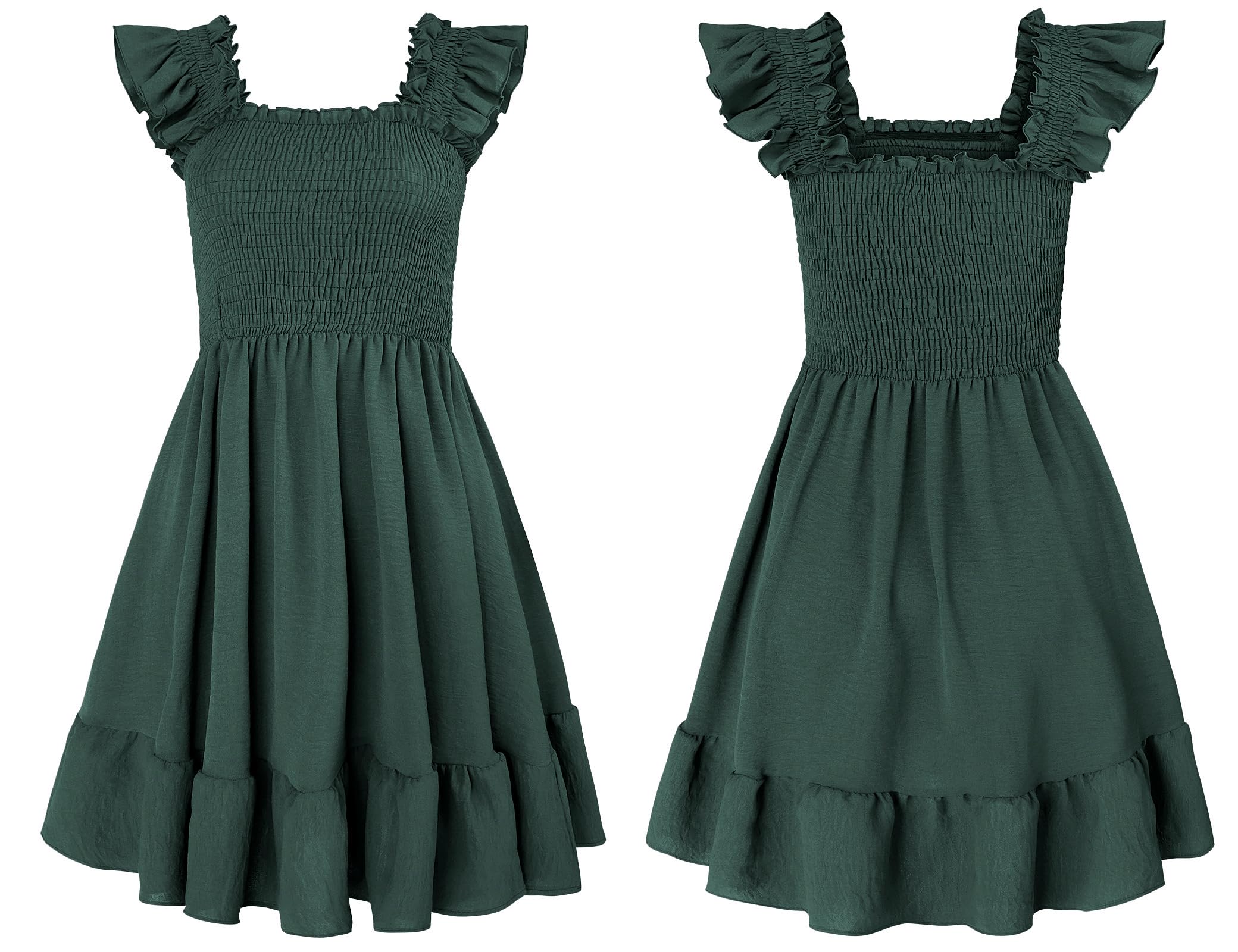 ROYLAMP Women's Smocked Dresses Square Neck Elegant Tiered Boho Ruffle Shoulder Swing Flowy Summer Casual Mini Dress