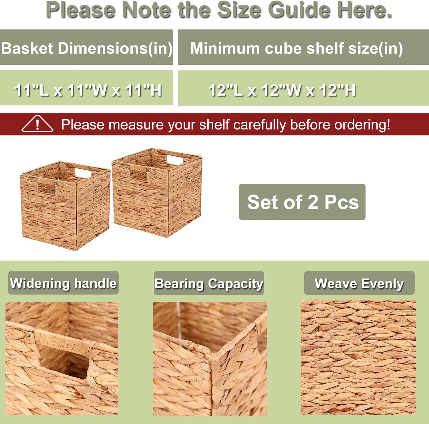 Water Hyacinth Storage Baskets 11x11x11 Inch Wicker Storage Cubes Set of 2Baskets,Handwoven Foldable Wicker Cubes with Sturdy Handles, Rustic Laundry Organizer for Bedroom Shelves, Kitchen, Bathroom