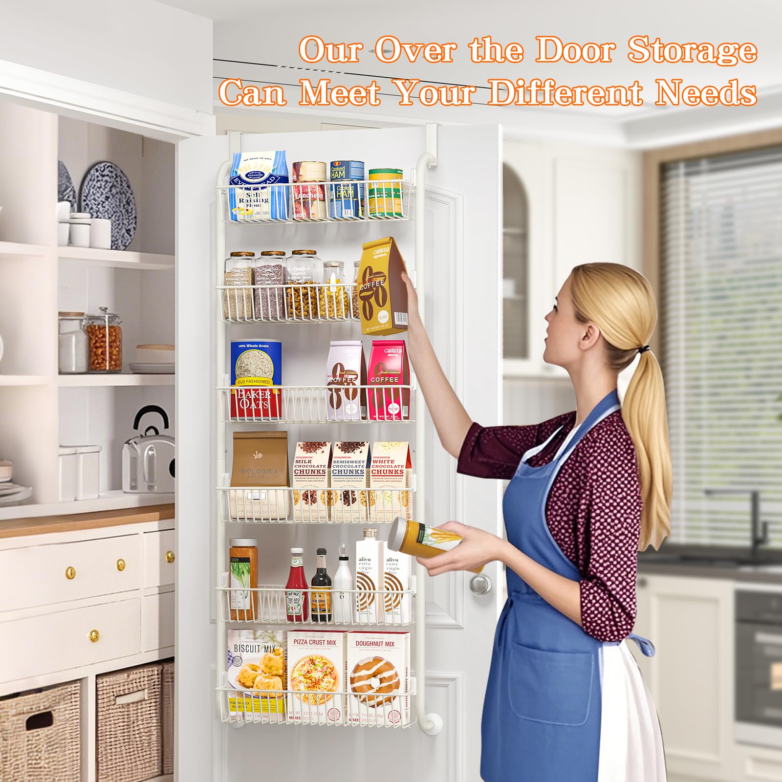 MIAOLI Over the Door Pantry Organizers and Storage, 8-Tier Spice Rack, Home & Kitchen Storage Shelves for Cabinet, Large Capacity Hanging Seasoning Organizer, Laundry Room Organization, White