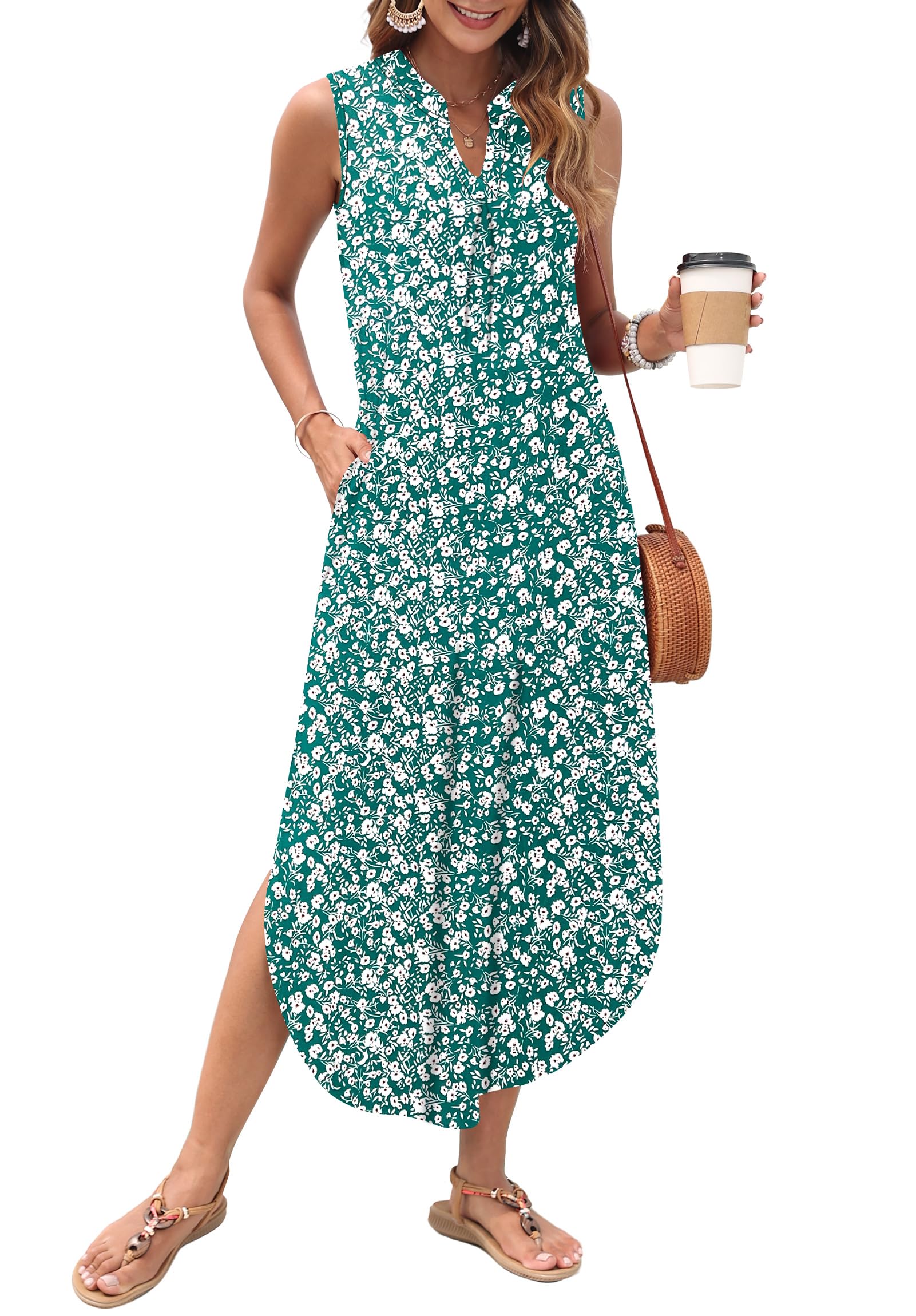 AUSELILY Womens Summer Casual Maxi Dresses 2026 Sleeveless Long Beach Dresses V Neck Loose Sundresses with Side Split Pockets