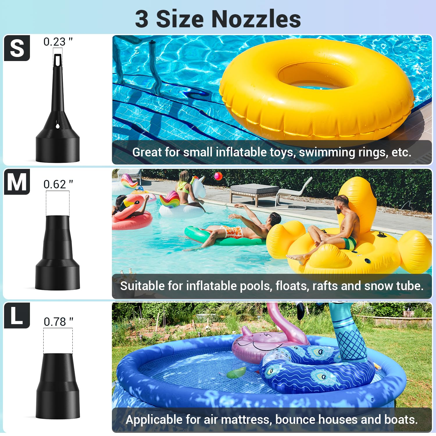 Dr.Meter Air Pump for Inflatables: AC 110V Air Mattress Pump with 3 Nozzles - Quick-Fill Electric Inflator Deflator for Inflatable Pool Raft Bed Boat Floats Swimming Rings Yoga Balls