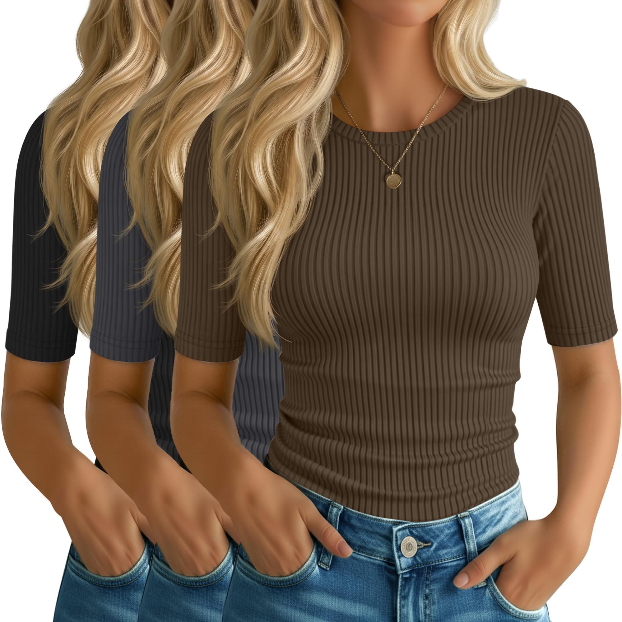 Riyiper 3 Pack Women's Elbow Length Tops, Half Sleeve Ribbed Cotton T Shirt Crew Neck Summer Tee Slim Fit Casual Blouses