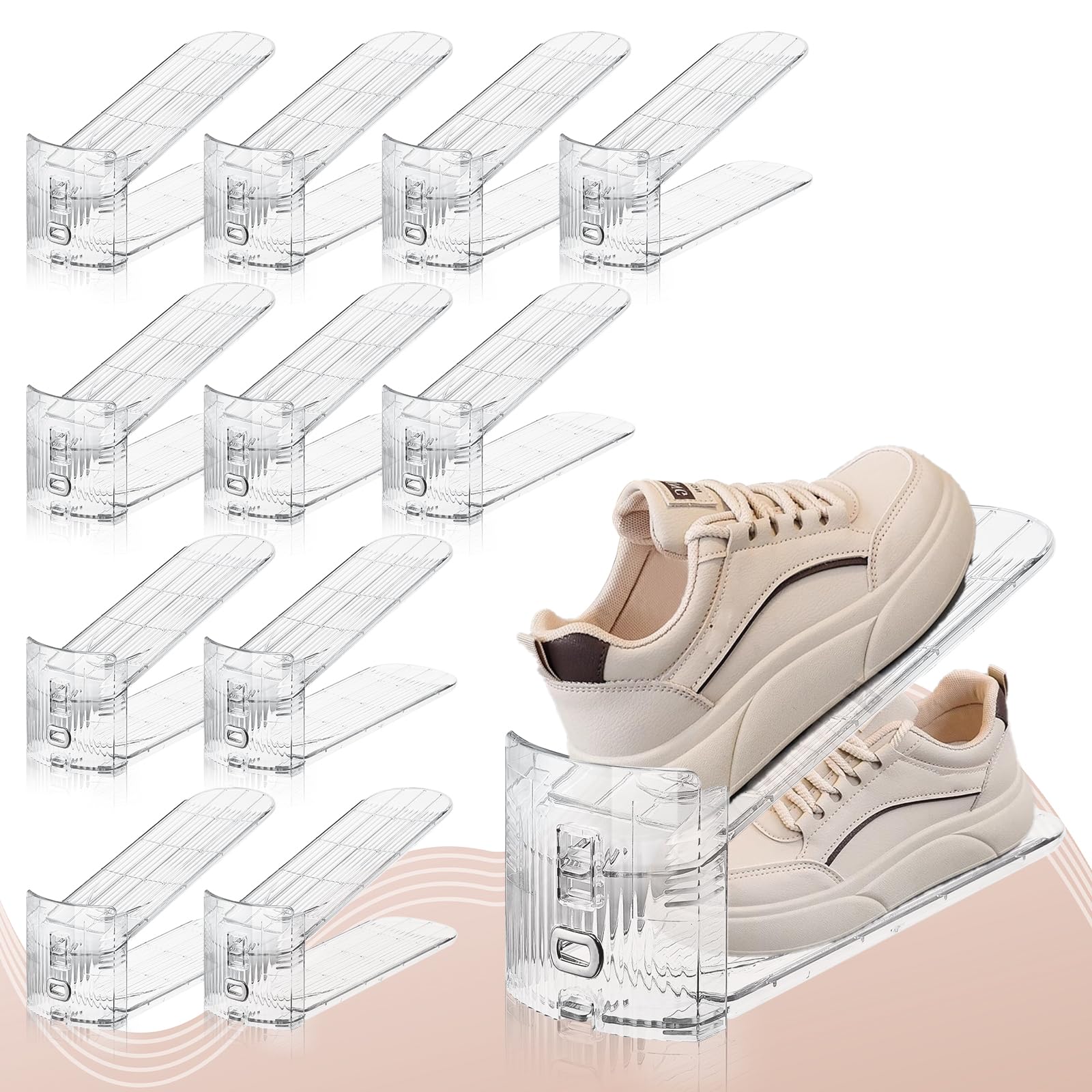 FENRUNXU Shoe Slots Organizer for Closet, Shoe Stacker Organizer Double Layer Stack Shoe Rack, Shoe Display Shelf 50% Space Saver Storage Holder for Closet, 12PACK