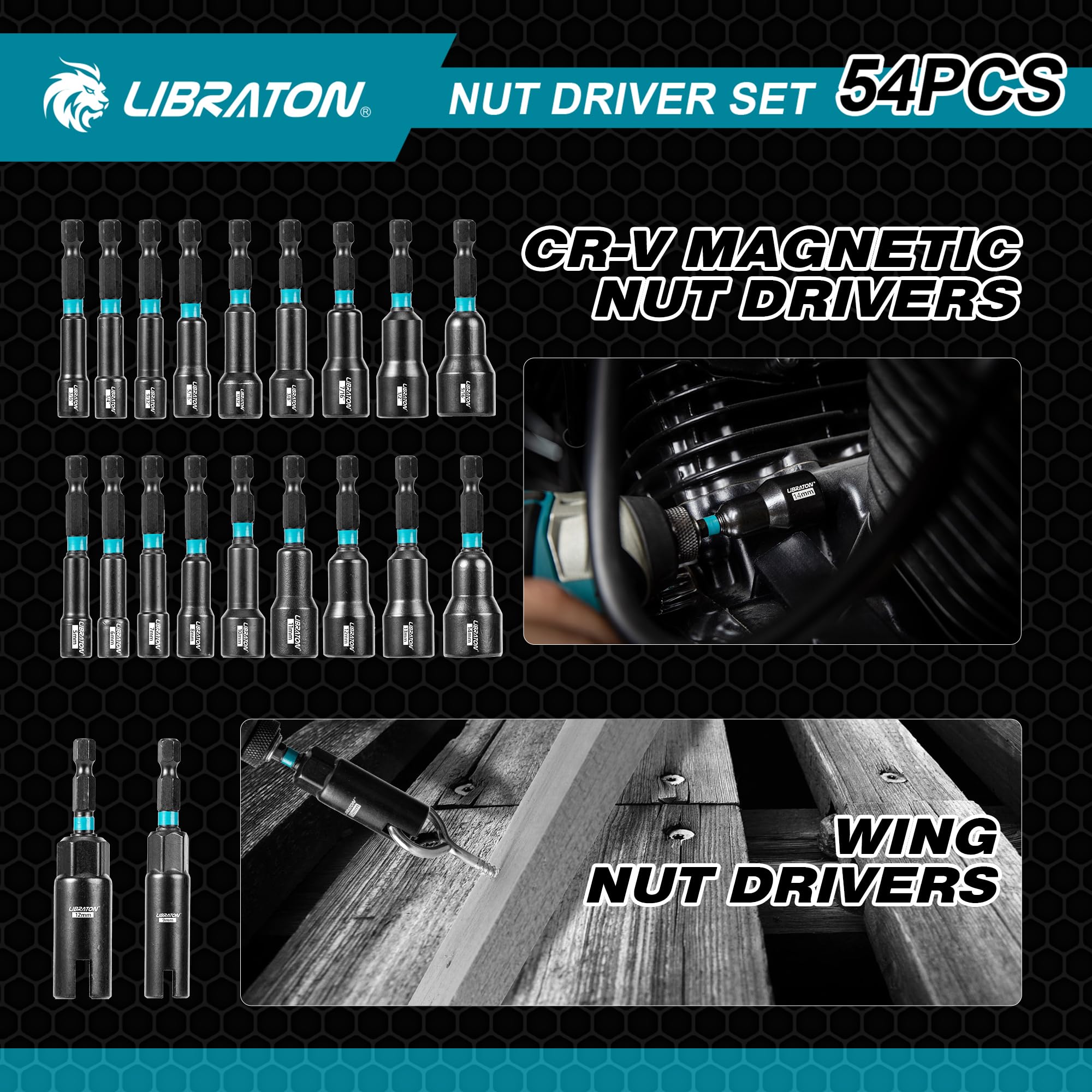LIBRATON 24PCS Magnetic Nut Driver Set, Impact Drill Driver Bit Set 1/4", Metric and SAE Nut Drivers for Impact Drill, Impact Socket Adapters, Screwdriver Bits, Bit Holder, with Black Phosphating