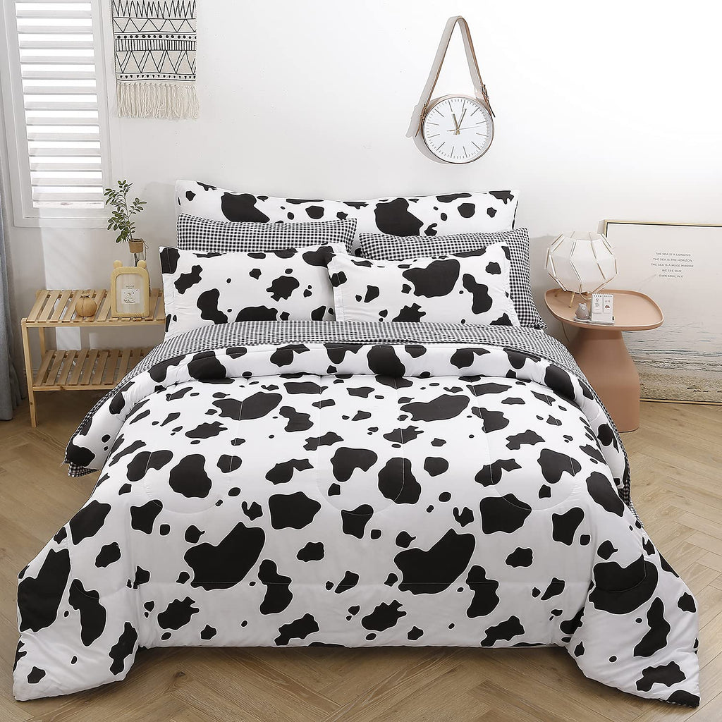 SUCSES Full Size Comforter Set with Sheets 8 Piece Cow Print Bedding Set for Boys Girls Black and White Kids Bed-in-A-Bag Farmhouse Rustic Bed Set for Bedroom (Milk Cow, Full)