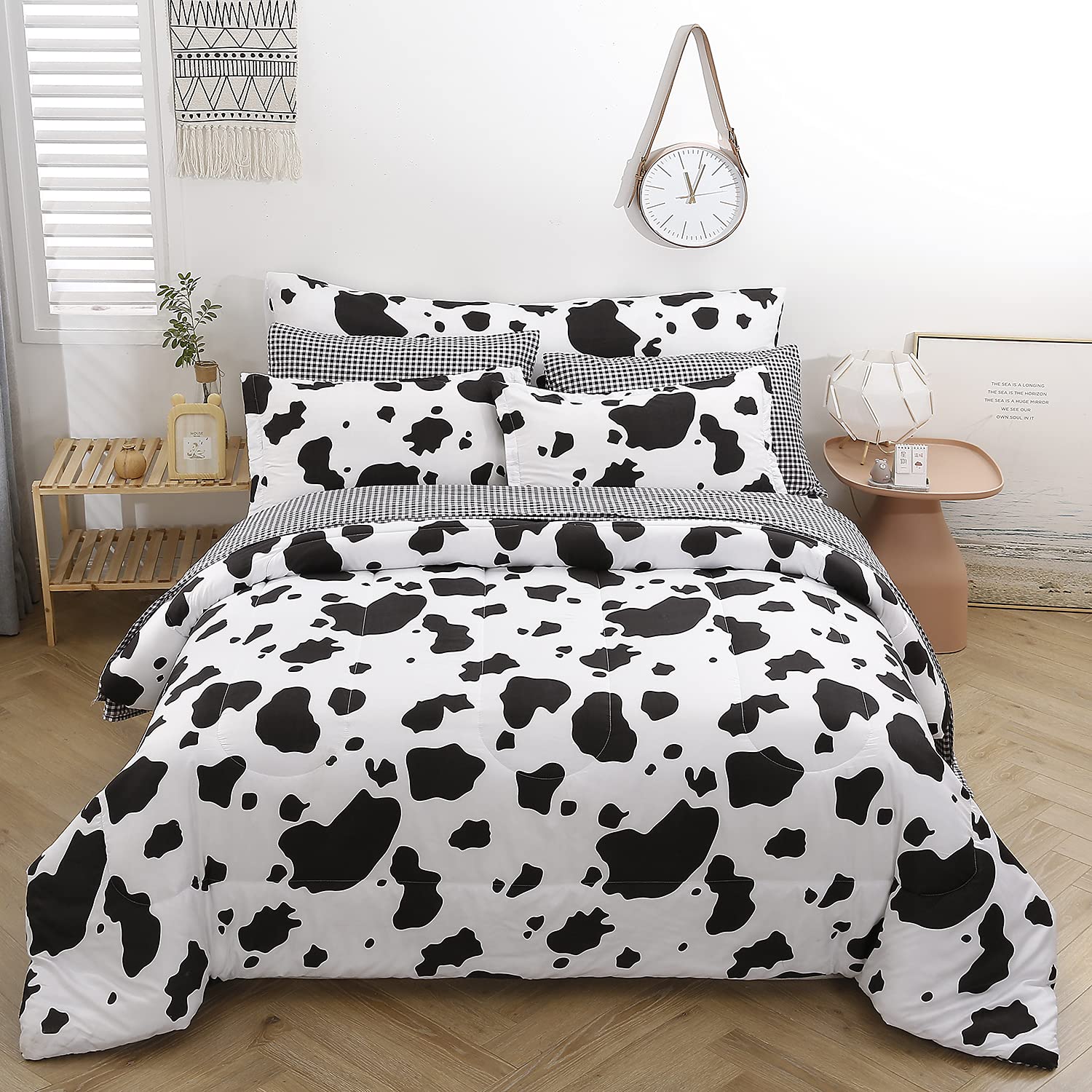 SUCSES Full Size Comforter Set with Sheets 8 Piece Cow Print Bedding Set for Boys Girls Black and White Kids Bed-in-A-Bag Farmhouse Rustic Bed Set for Bedroom (Milk Cow, Full)