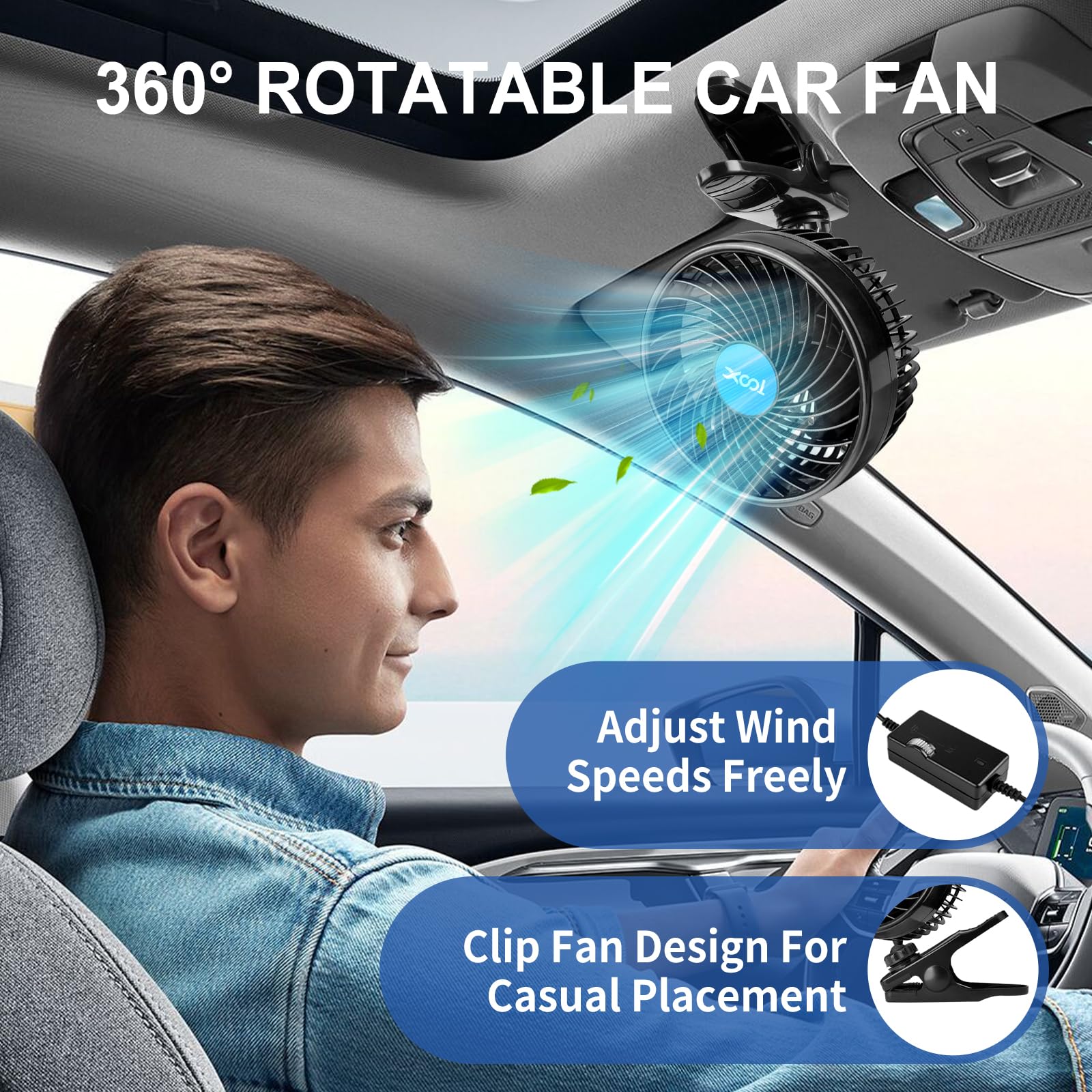 XOOL Clip Car Fan, 9 Inches 12V/24V Fan, 360° Rotatable Electric Cooling Clip on Fan with Stepless Speed Regulation for SUV, RV, Truck