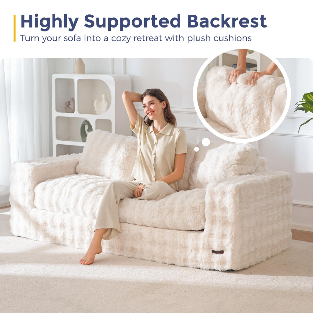 MAXYOYO 3 Seater Sofa Couch for Living Room, Tufted Boneless Couch Sofa Couch, Comfy Bubbled Bean Bag Chair for Apartment, No Assembly Needed, Beige