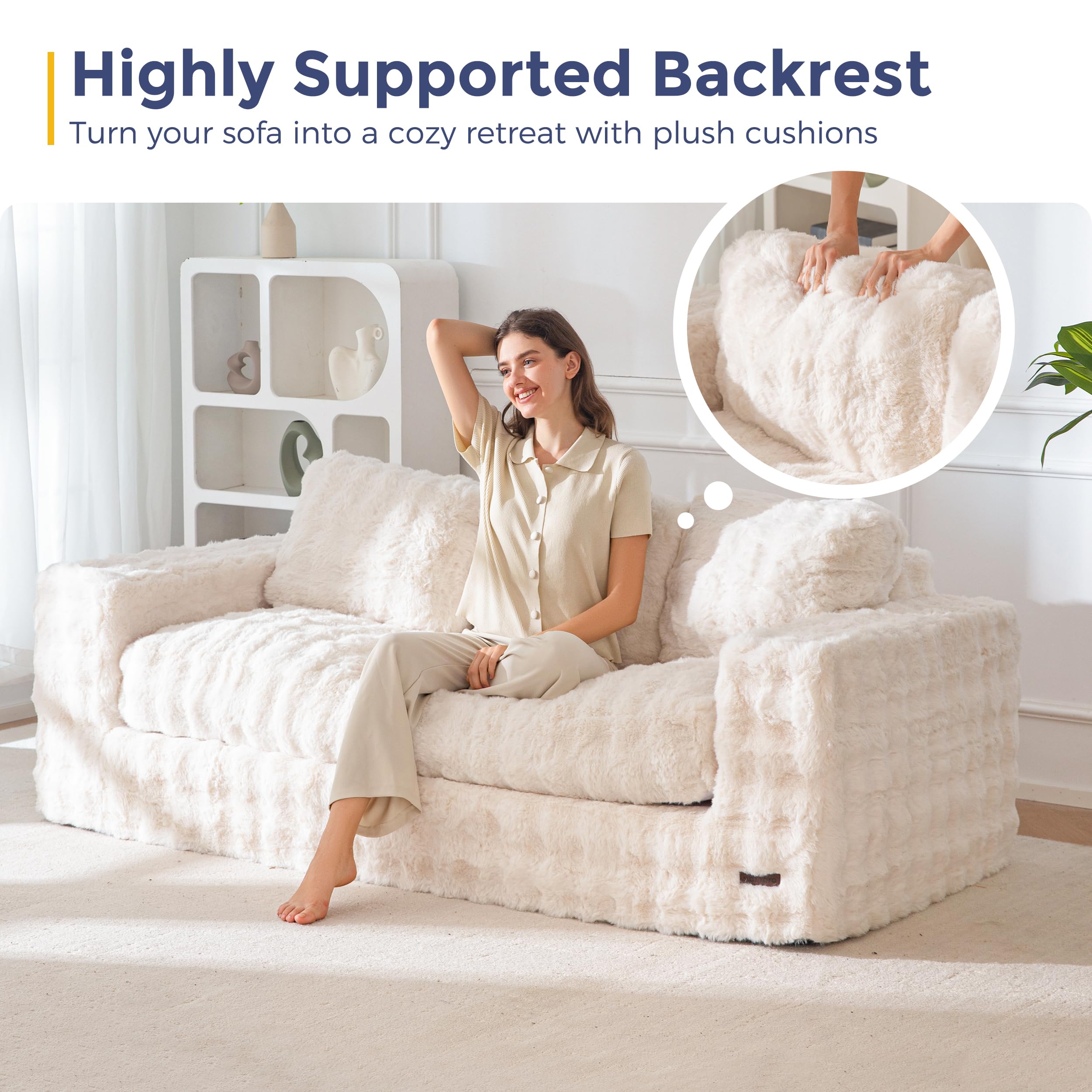 MAXYOYO 3 Seater Sofa Couch for Living Room, Tufted Boneless Couch Sofa Couch, Comfy Bubbled Bean Bag Chair for Apartment, No Assembly Needed, Beige