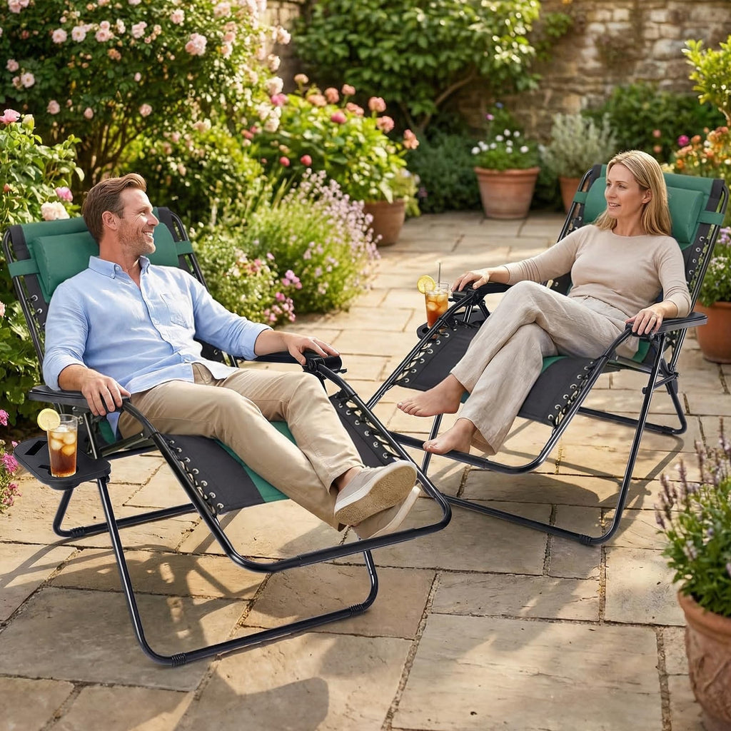 Sweetcrispy Zero Gravity Chairs, Set of 4 Portable Recliner Beach Camping Patio Outdoor Folding Lounge Chair with Cup Holder Trays and Adjustable Pillow for Poolside, Garden, Backyard, Lawn, Black