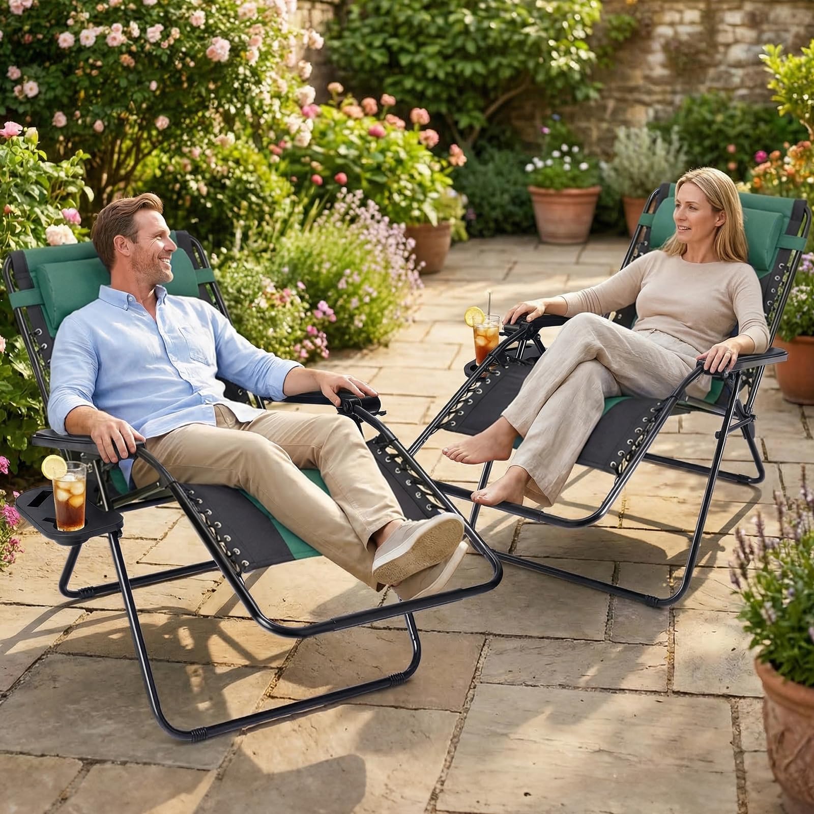 Sweetcrispy Zero Gravity Chairs, Set of 4 Portable Recliner Beach Camping Patio Outdoor Folding Lounge Chair with Cup Holder Trays and Adjustable Pillow for Poolside, Garden, Backyard, Lawn, Black
