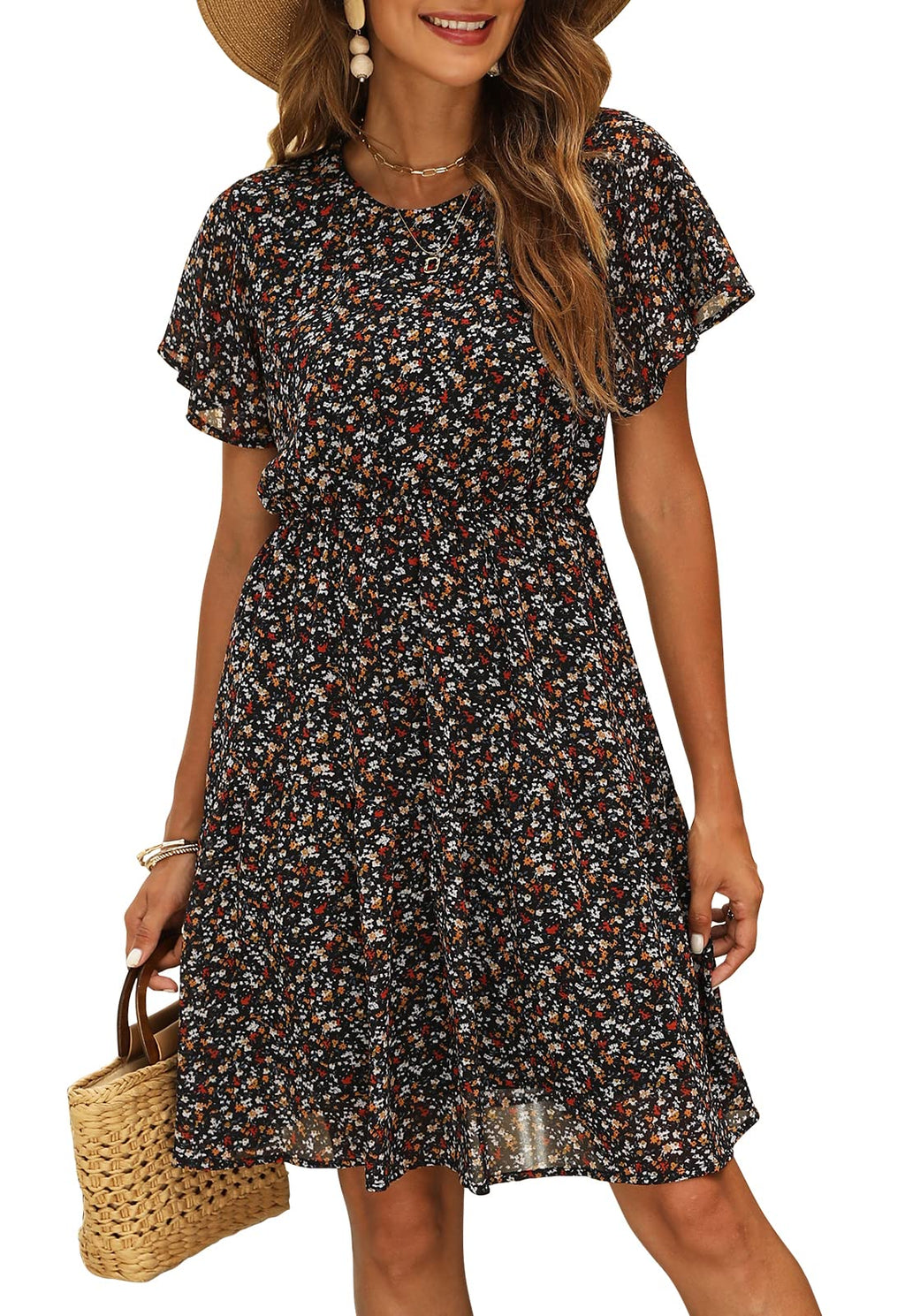Manydress Women's Chiffon Floral Dresses Casual Summer Boho Flutter Sleeve Flowy Skater Western Dress MY112