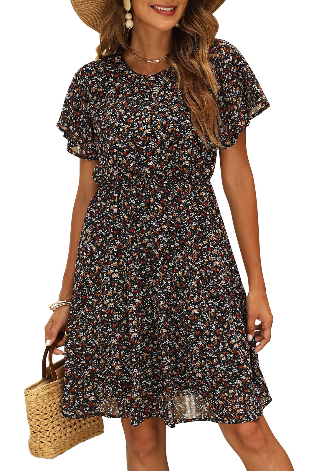 Manydress Women's Chiffon Floral Dresses Casual Summer Boho Flutter Sleeve Flowy Skater Western Dress MY112