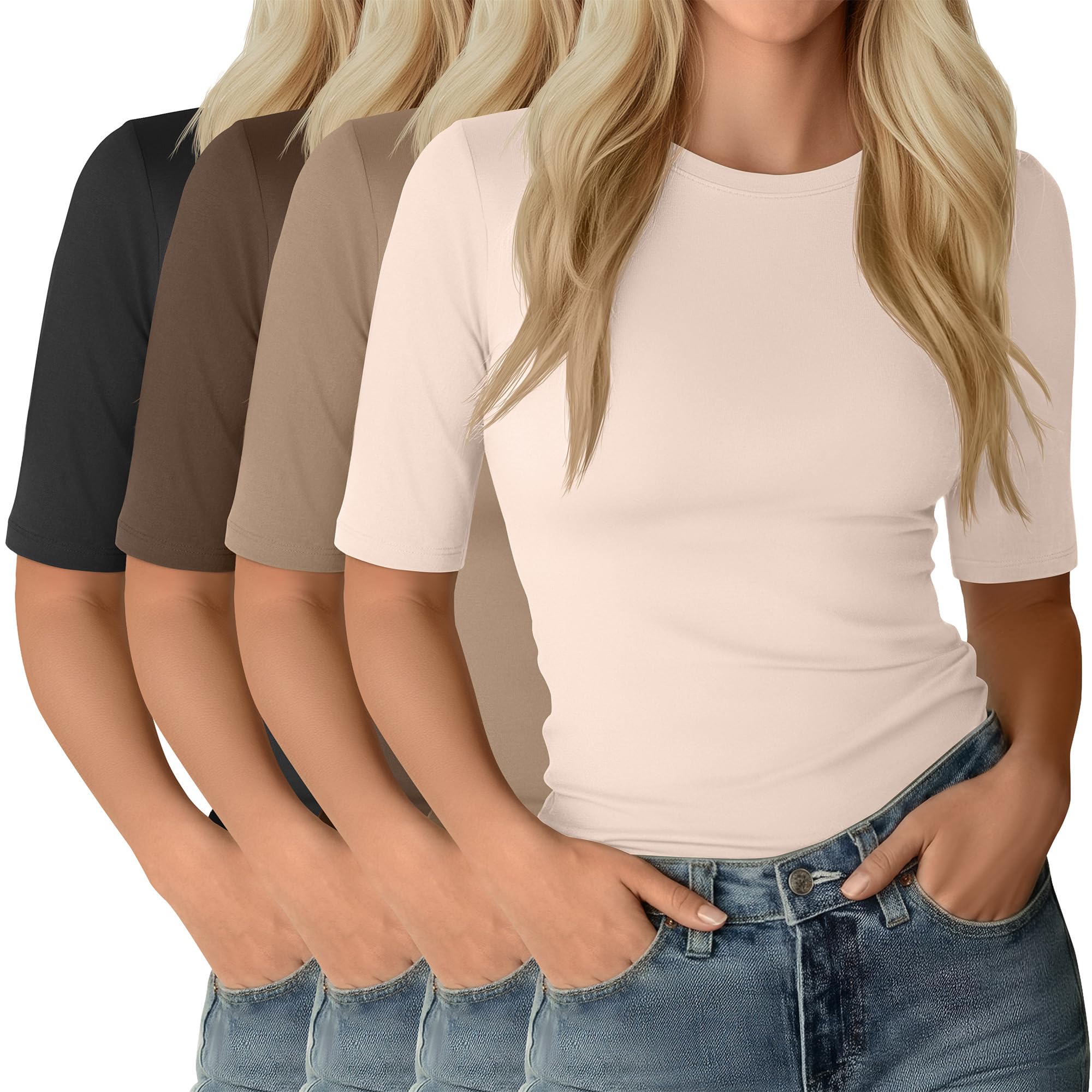 Neer 4 Pack Women's Half Sleeve Tops Elbow Length Slim Fit Crewneck T-Shirts 1/2 Sleeve Casual Summer Basic Tees