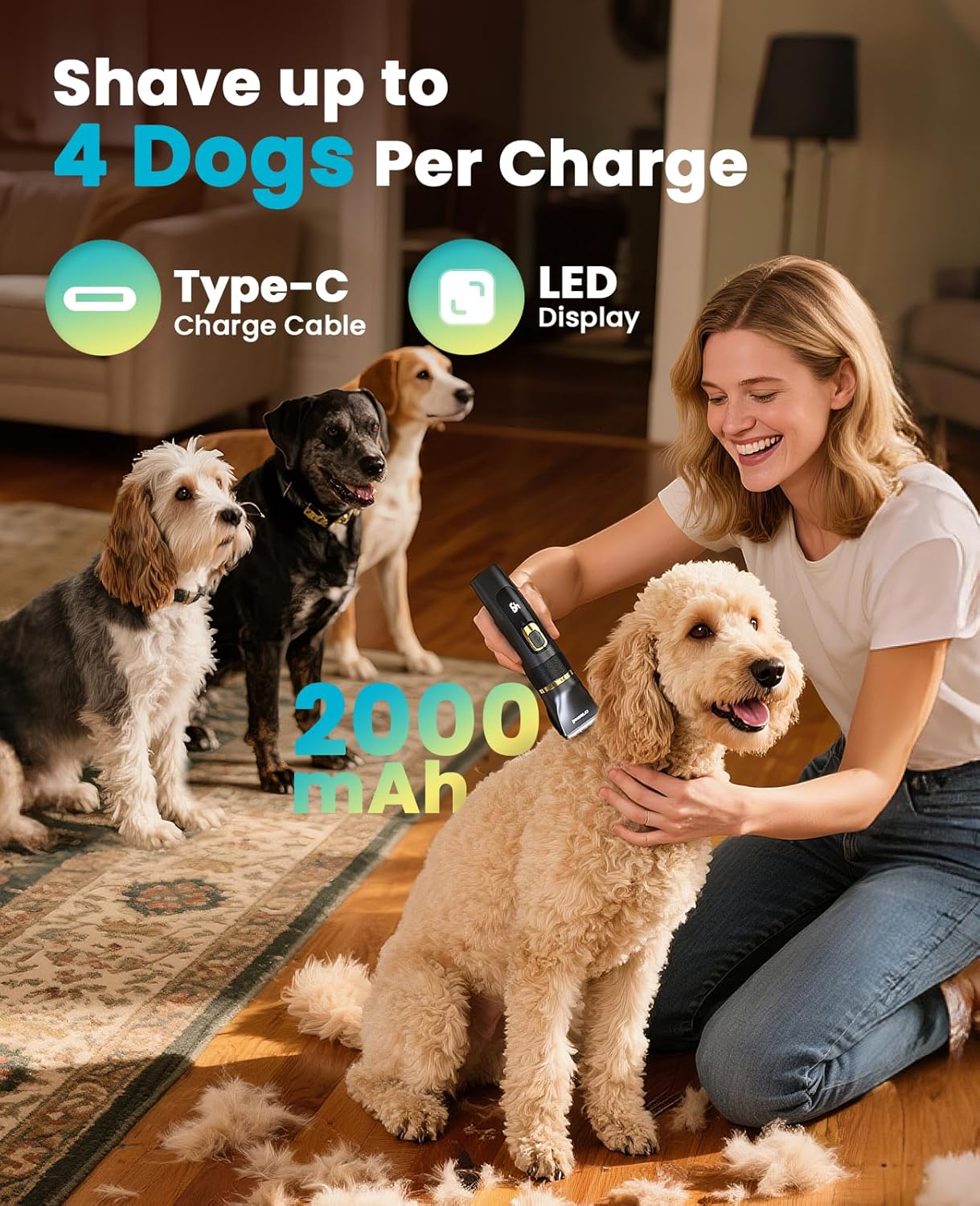 oneisall Dog Clippers Low Noise, Pro Dog Grooming Clippers Kit with Rechargeable Cordless Shaver Trimmer for Dogs Cats, IPX7 Waterproof Pet Clippers Grooming At Home