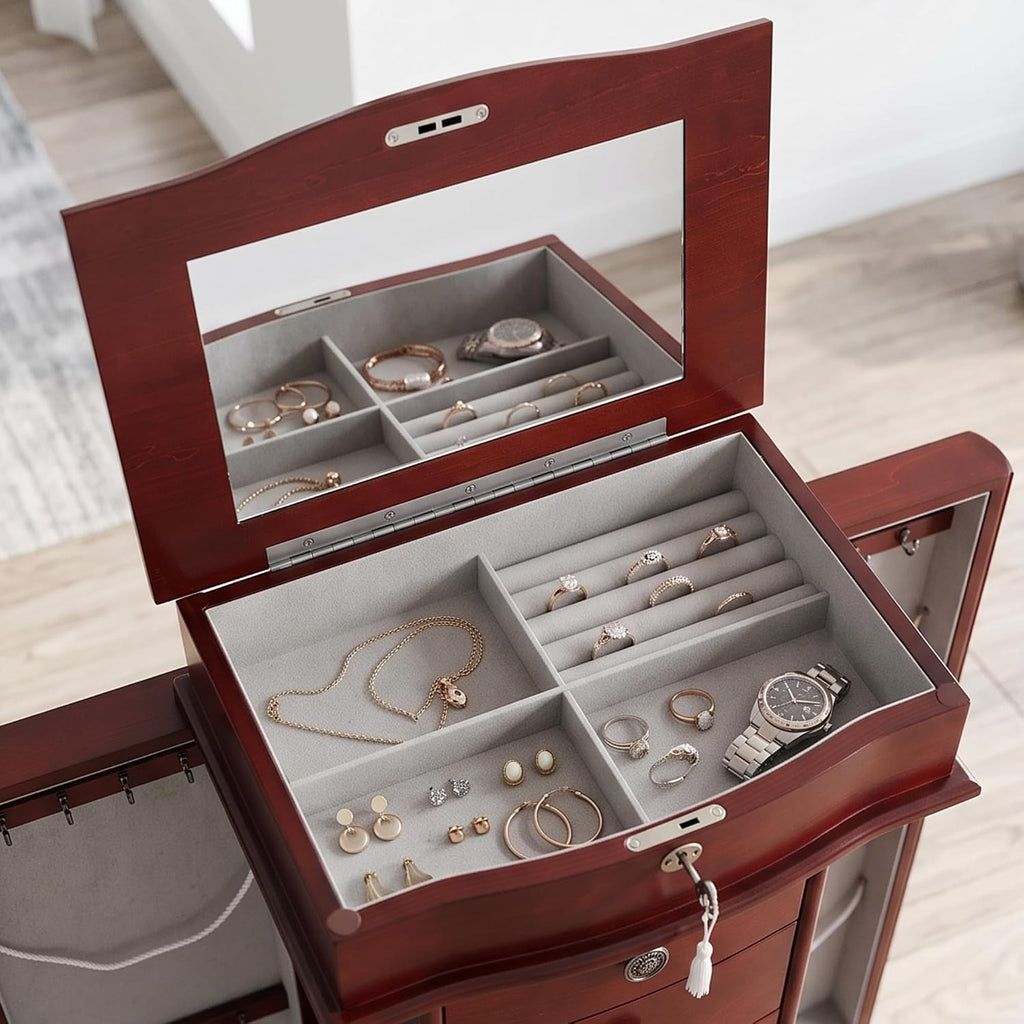 Hives and Honey Nora Jewelry Armoire Cabinet with Mirror – 7 Drawers, Locking Top, Necklace Hooks, Anti-Tarnish Felt – Traditional Standing Jewelry Organizer for Women, Cherry