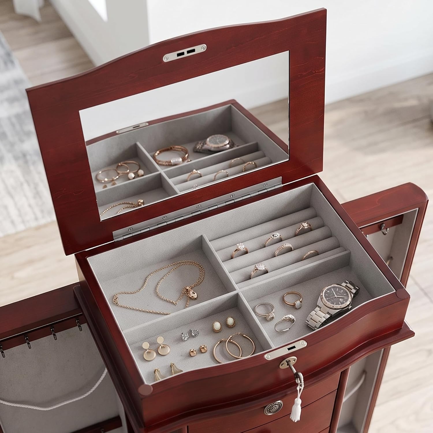 Hives and Honey Nora Jewelry Armoire Cabinet with Mirror – 7 Drawers, Locking Top, Necklace Hooks, Anti-Tarnish Felt – Traditional Standing Jewelry Organizer for Women, Cherry