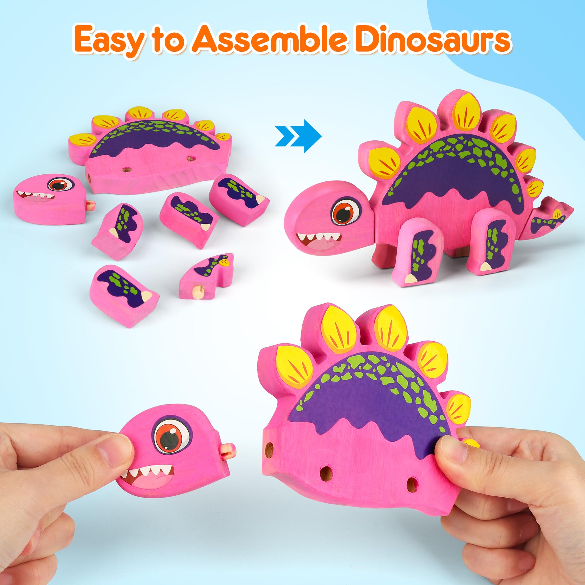 Mocoosy Wooden Dinosaur Painting Art and Craft Kit for Kids 4-8, Build & Decorate Your Own Dinos with Paint & Stickers, Wood Dinosaur Builder Game Montessoi Educational Toy Gift Toddler Boys Girls 3-5