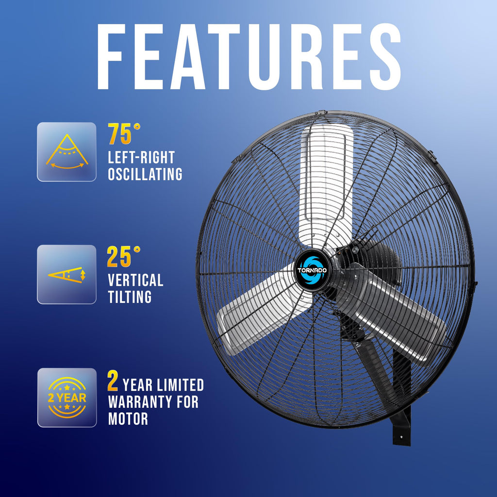Tornado 16 Inch Professional High-Velocity Oscillating Wall-Mounted Fan – Ideal for Industrial, Commercial, and Residential Spaces – 3-Speed Settings, 2850 CFM, UL Safety Certified