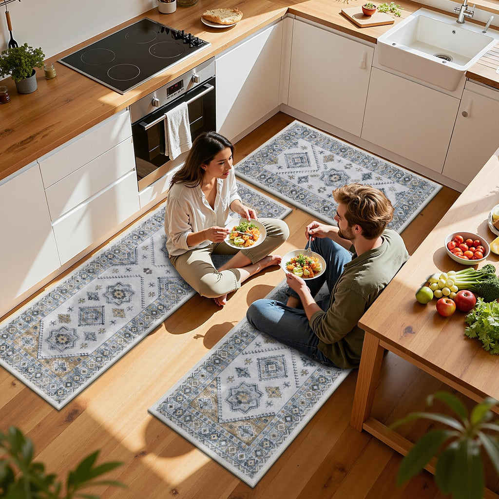 HEBE Boho Kitchen Rug Sets 3 Piece with Runner Non Slip Kitchen Rugs and Mats Washable Kitchen Mats for Floor Thick Kitchen Floor Mat Carpet Runner Rugs for Hallway Laundry Holiday Decor