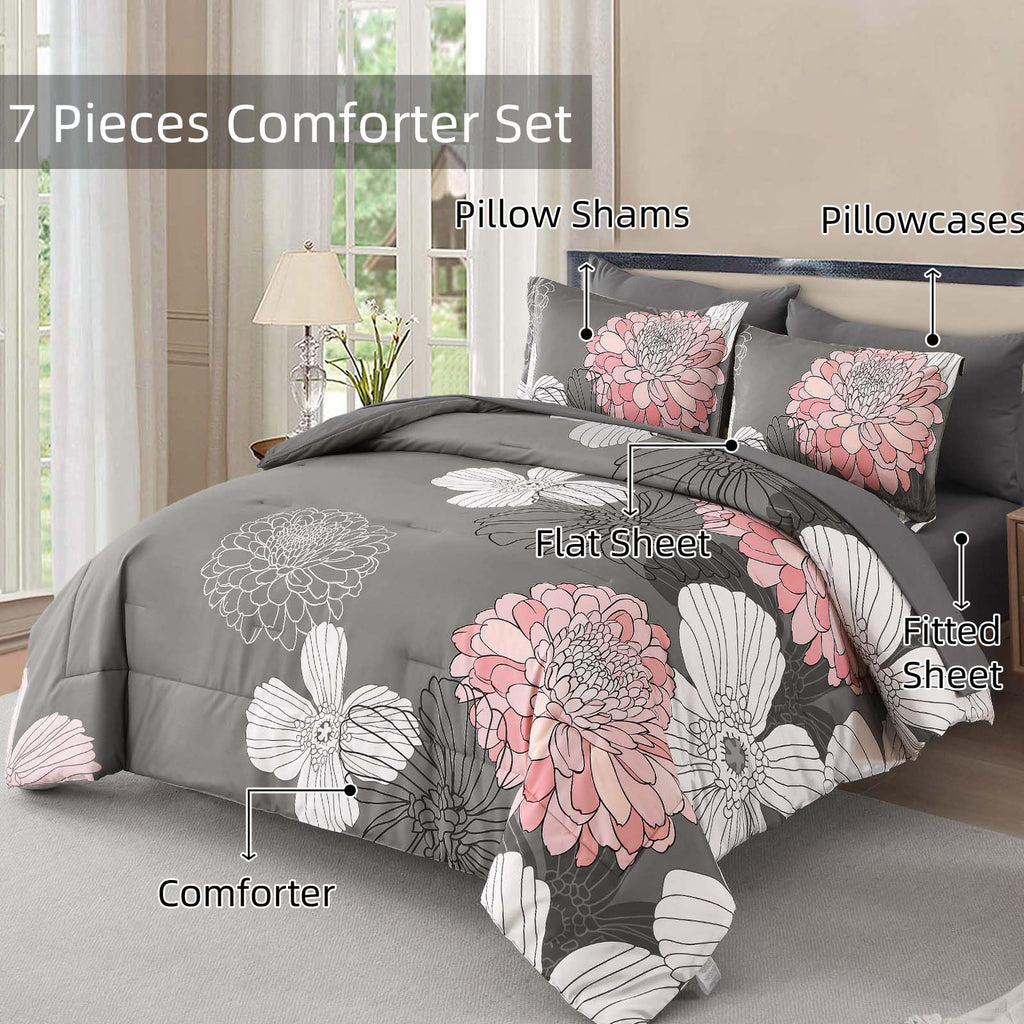 Yiran 7 Pieces Bed in a Bag Blue Floral Comforter Set Queen Size Flowers Comforter Set Soft Microfiber Bedding Set (1 Comforter 1 Flat Sheet 1 Fitted Sheet 2 Pillowshams 2 Pillowcases)