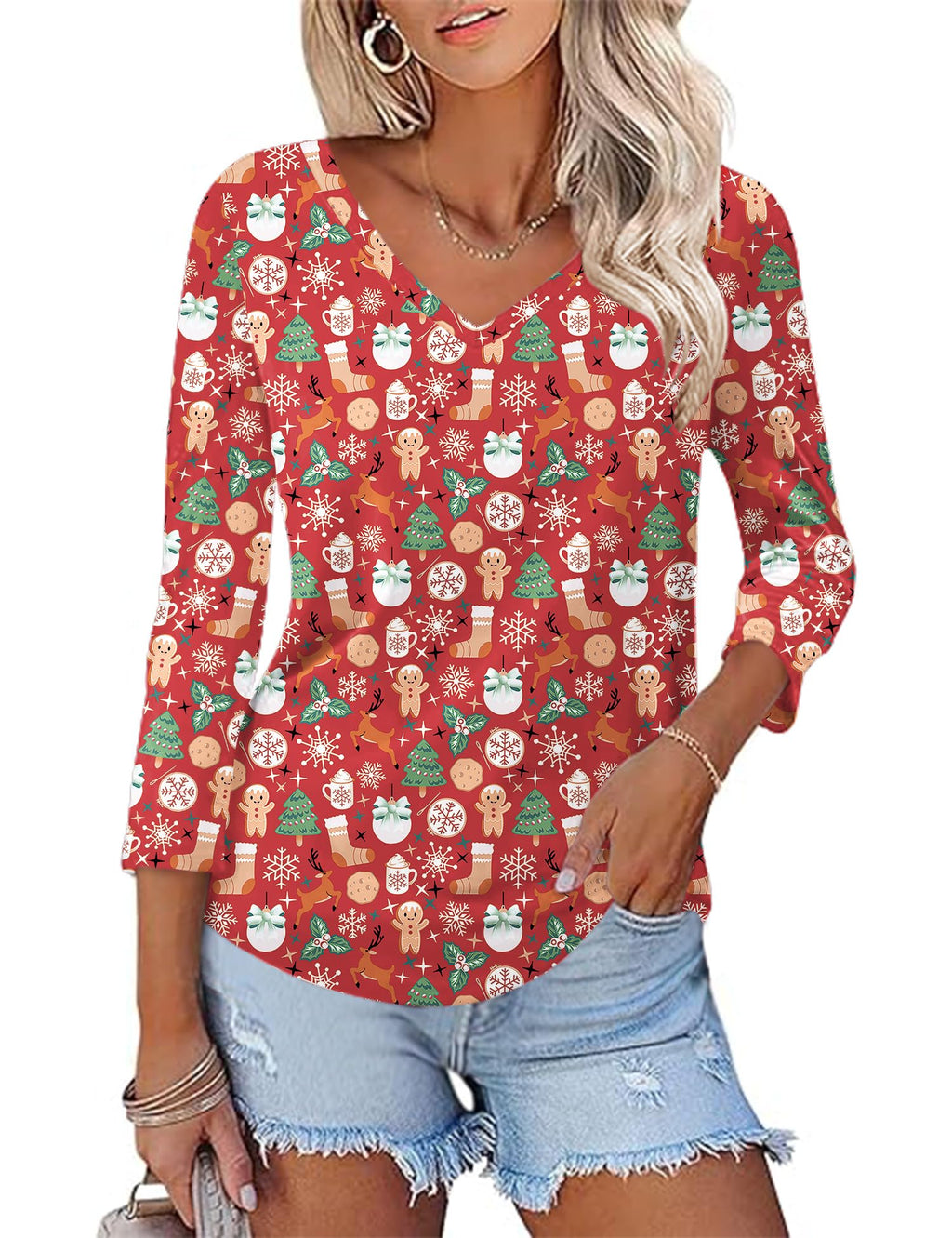 KTILG Women's V Neck T Shirts 3/4 Sleeve Blouse Summer Tops Dressy Casual Solid Basic Tees